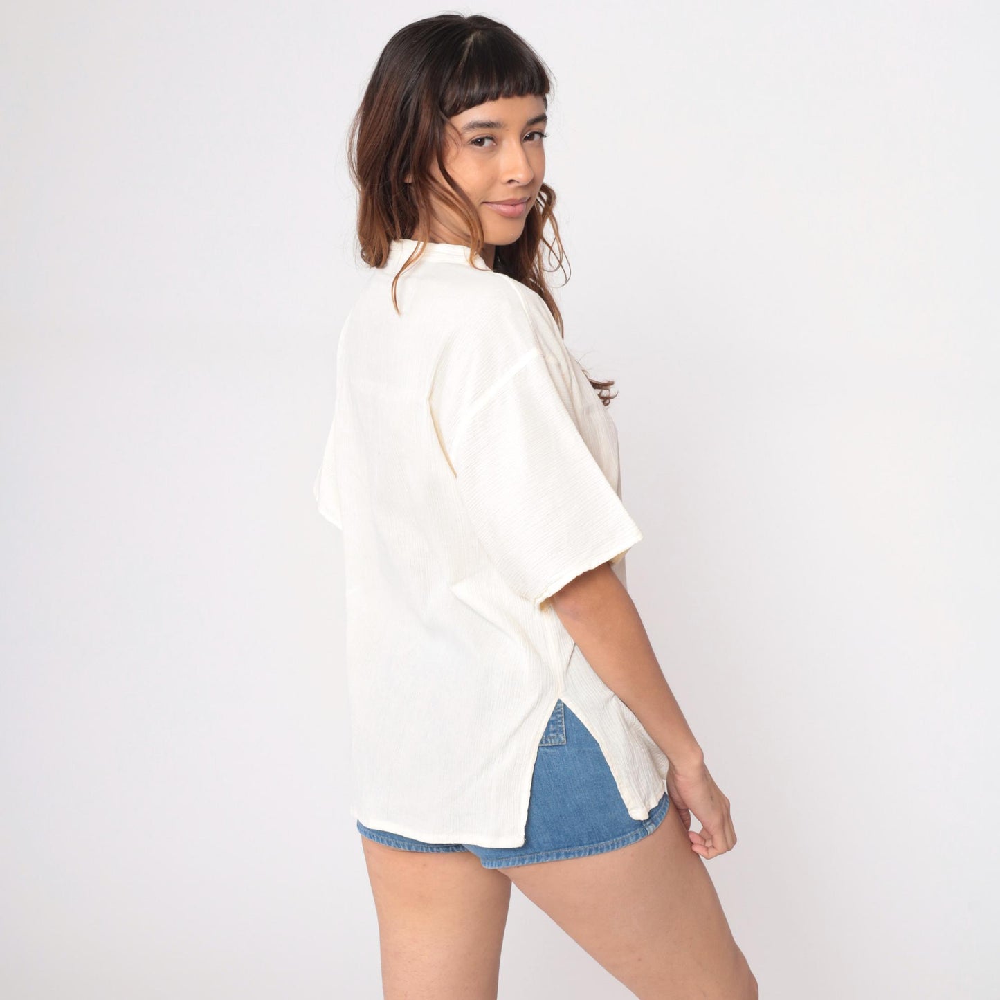 80s Cream Henley Short Sleeve V-Neck Top Cotton Blend Large L