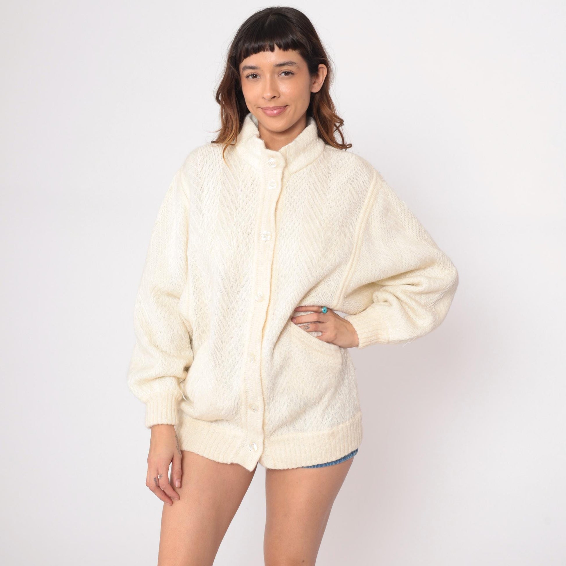80s Leroy Cream Cardigan Open Lattice Knit Diamond Pattern Medium