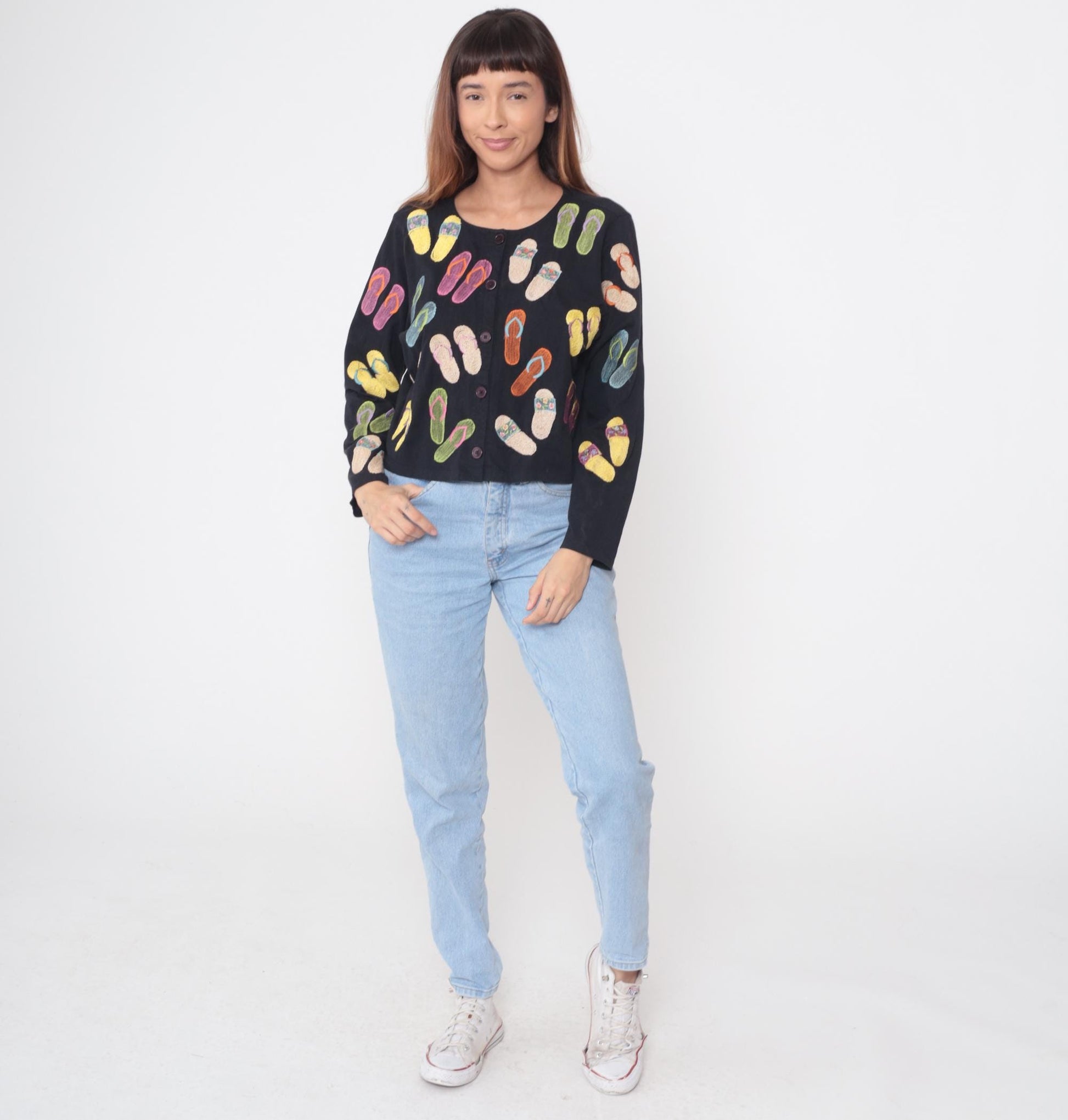 Y2K Lite Michael Simon Flip Flop Embroidered Cardigan Black Cotton Medium M