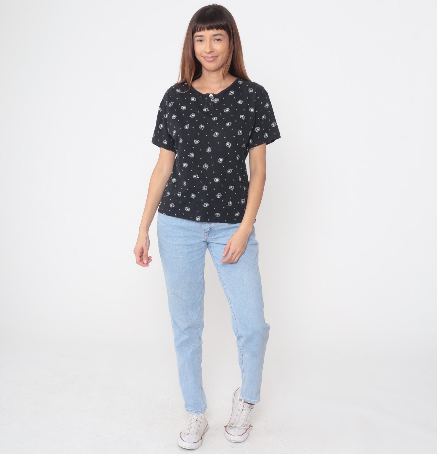 90s Liz Sport Floral Henley Top Black White Flowers Butterflies Small