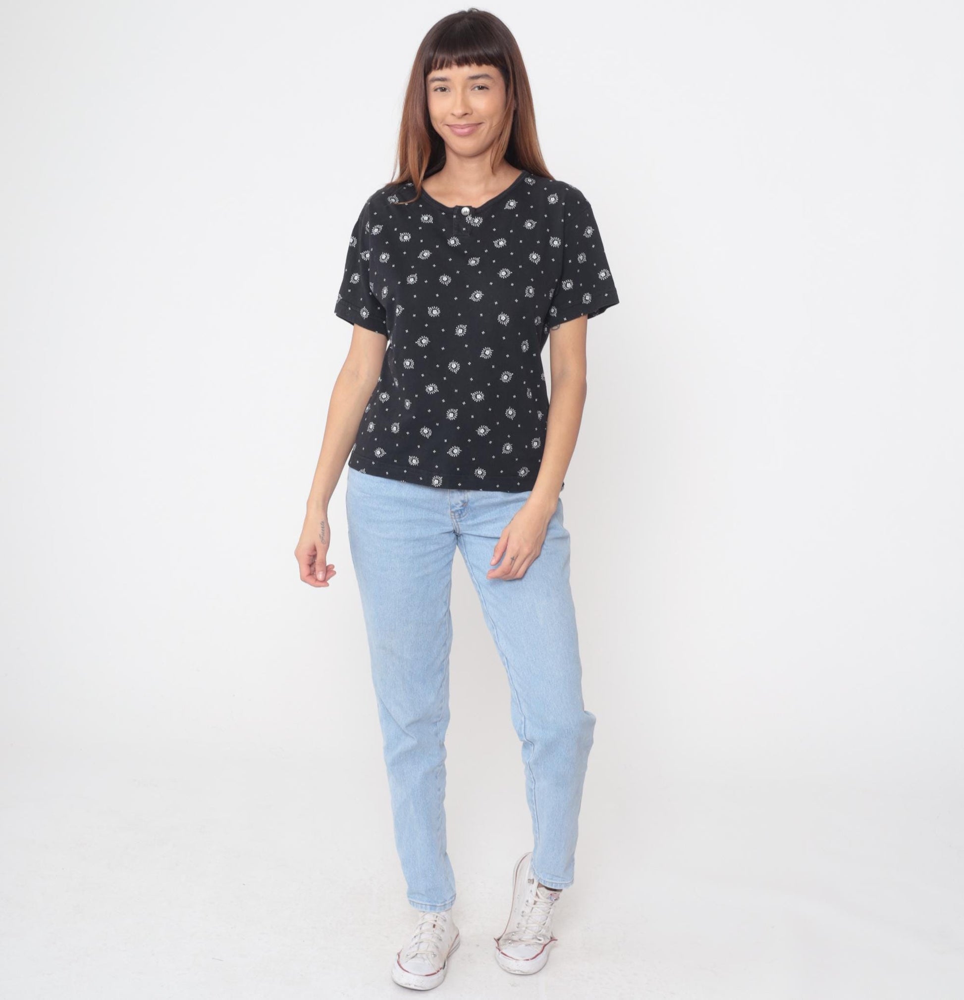 90s Liz Sport Floral Henley Top Black White Flowers Butterflies Small