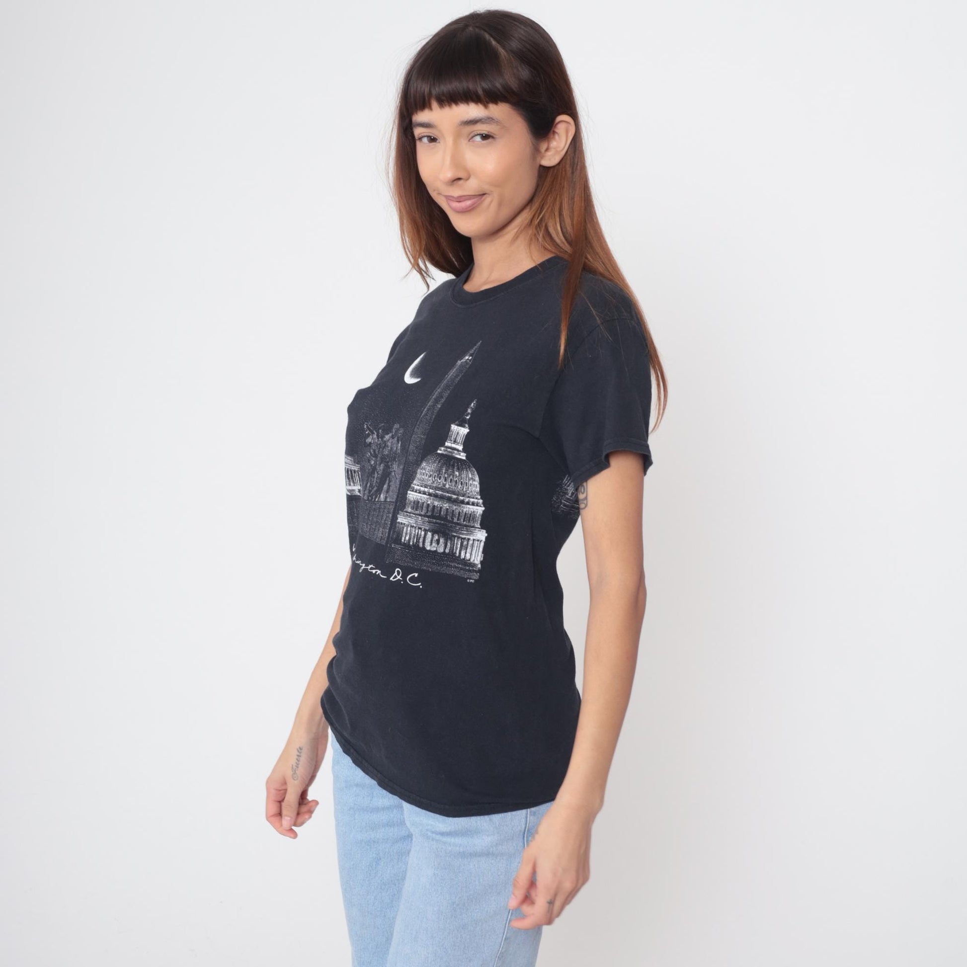 Y2K Washington DC Skyline Graphic Tee Black Cotton Monument Small