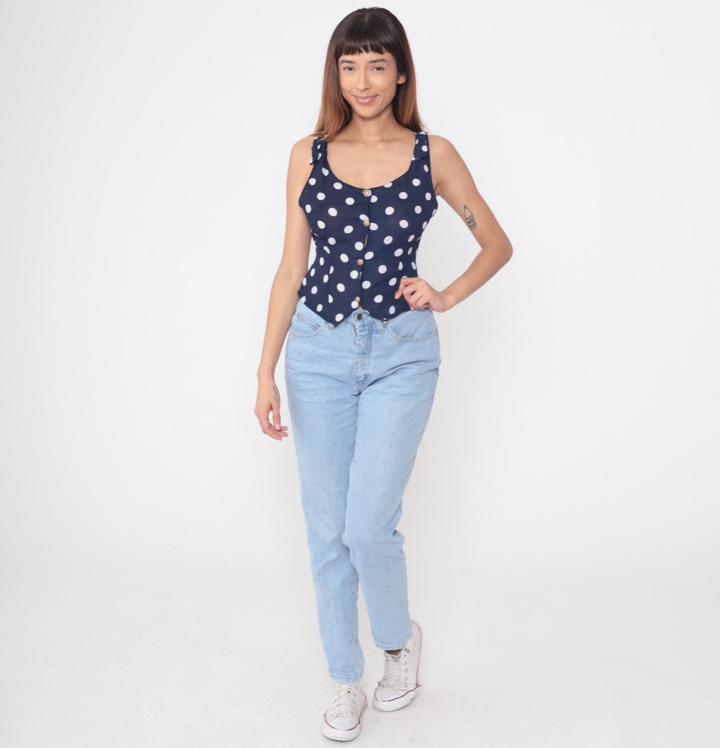 90s Navy Polka Dot Vest Top White Dots Button Front Cropped XS