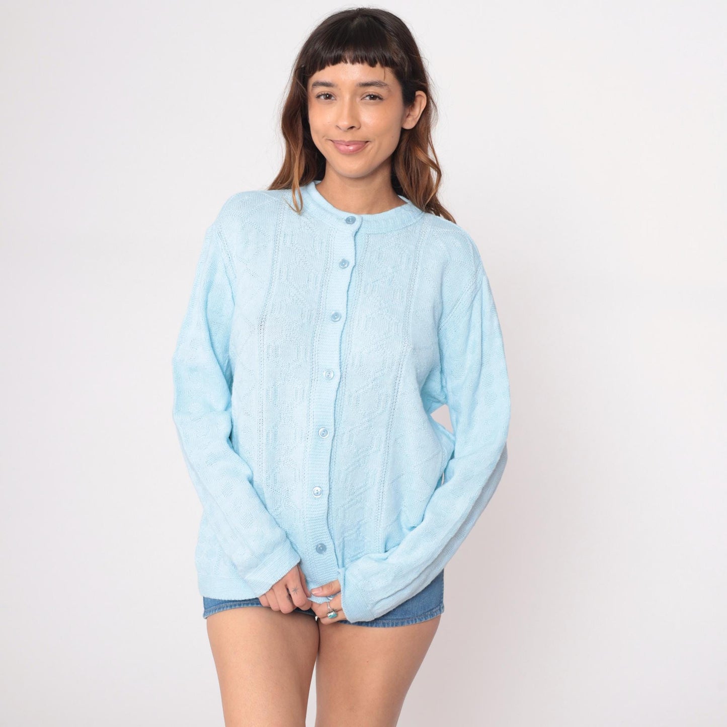 80s Pale Blue Cable Knit Cardigan Button Front Long Sleeve Large L