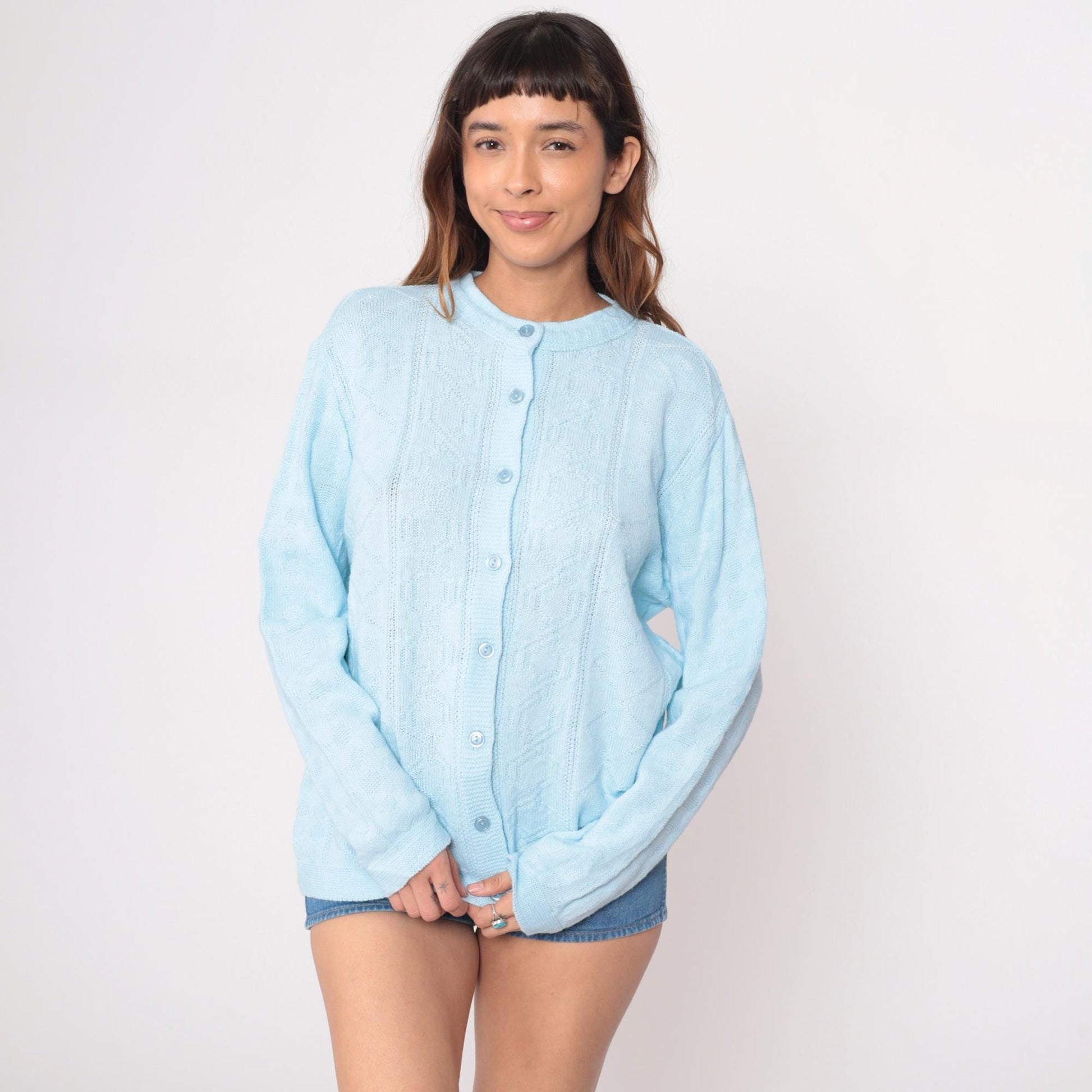 80s Pale Blue Cable Knit Cardigan Button Front Long Sleeve Large L