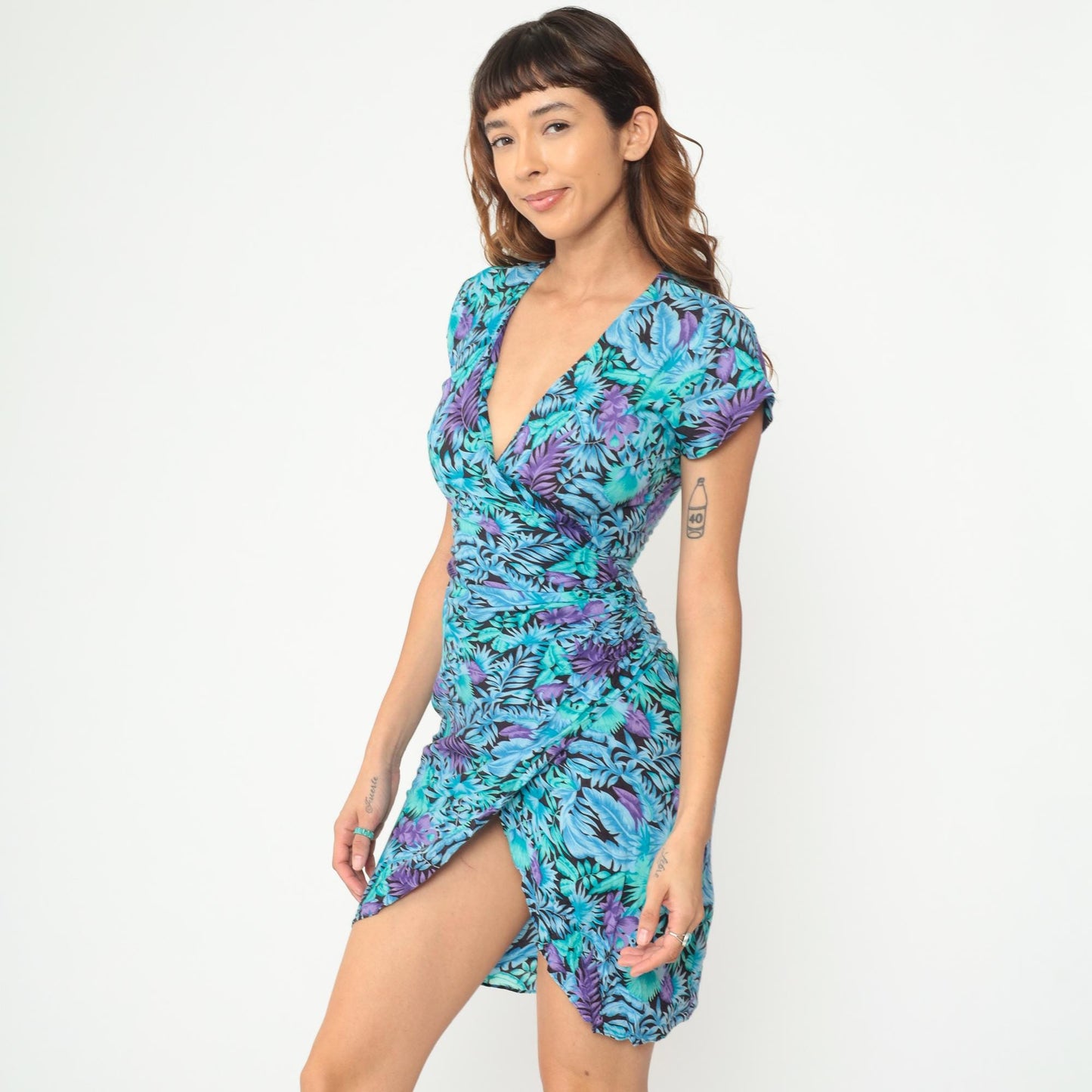 90s Tropical Floral Wrap Dress Turquoise Purple Rayon Mini XS
