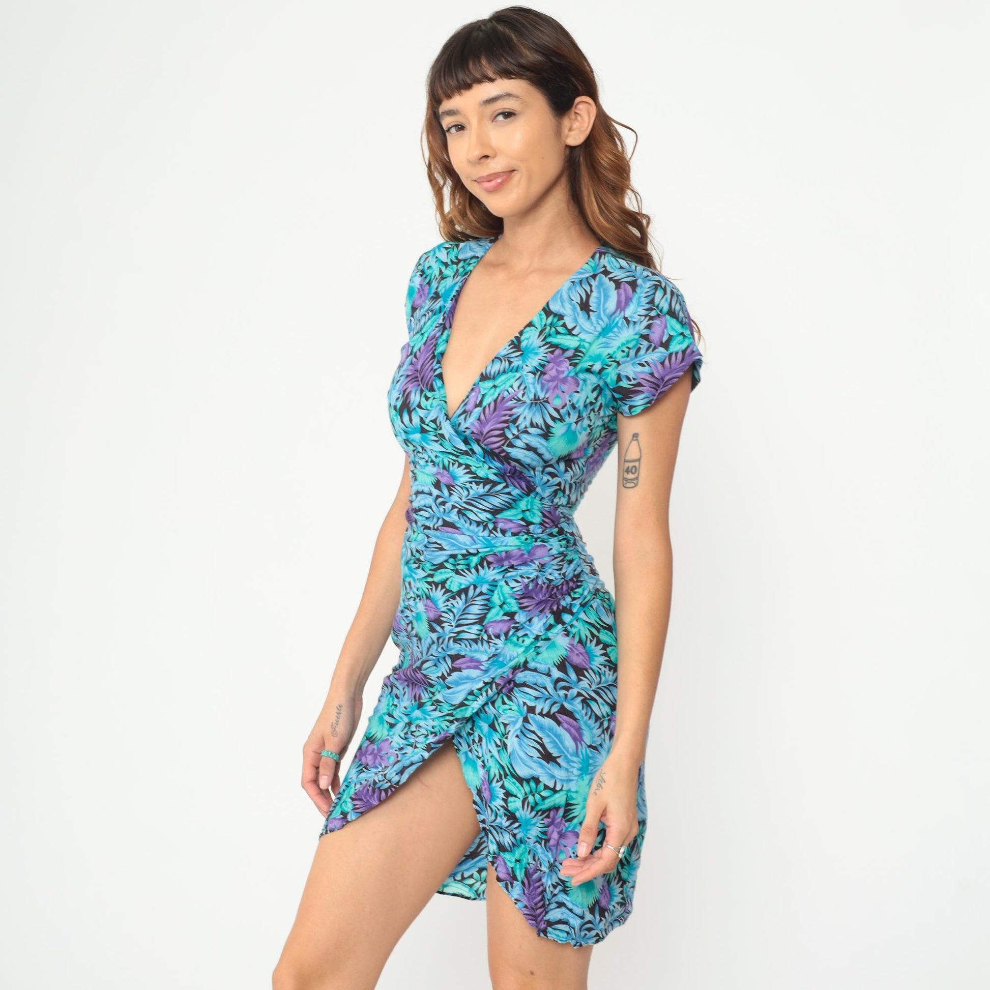 90s Tropical Floral Wrap Dress Turquoise Purple Rayon Mini XS