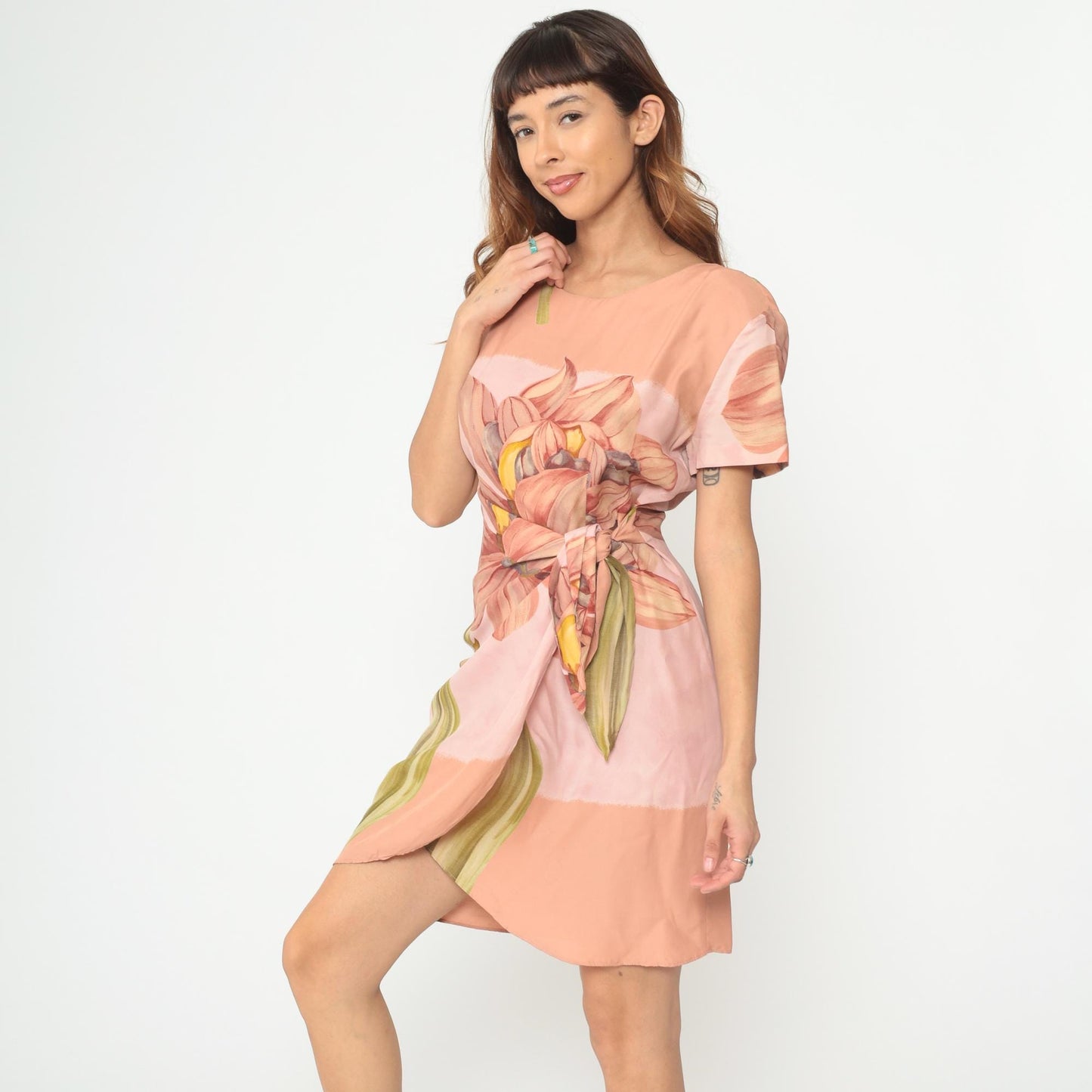 90s KC Spencer Floral Mini Dress Amaryllis Print Wrap Tie Waist Peach Medium