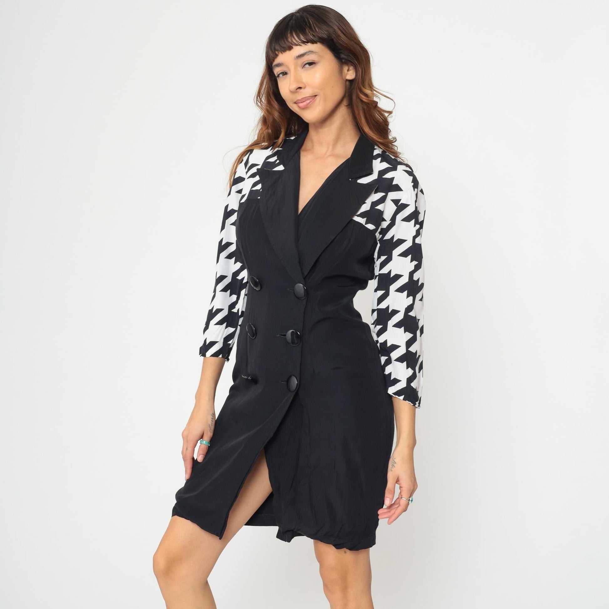 90s Scarlett Black Houndstooth Blazer Dress Double Breasted Mini Small S