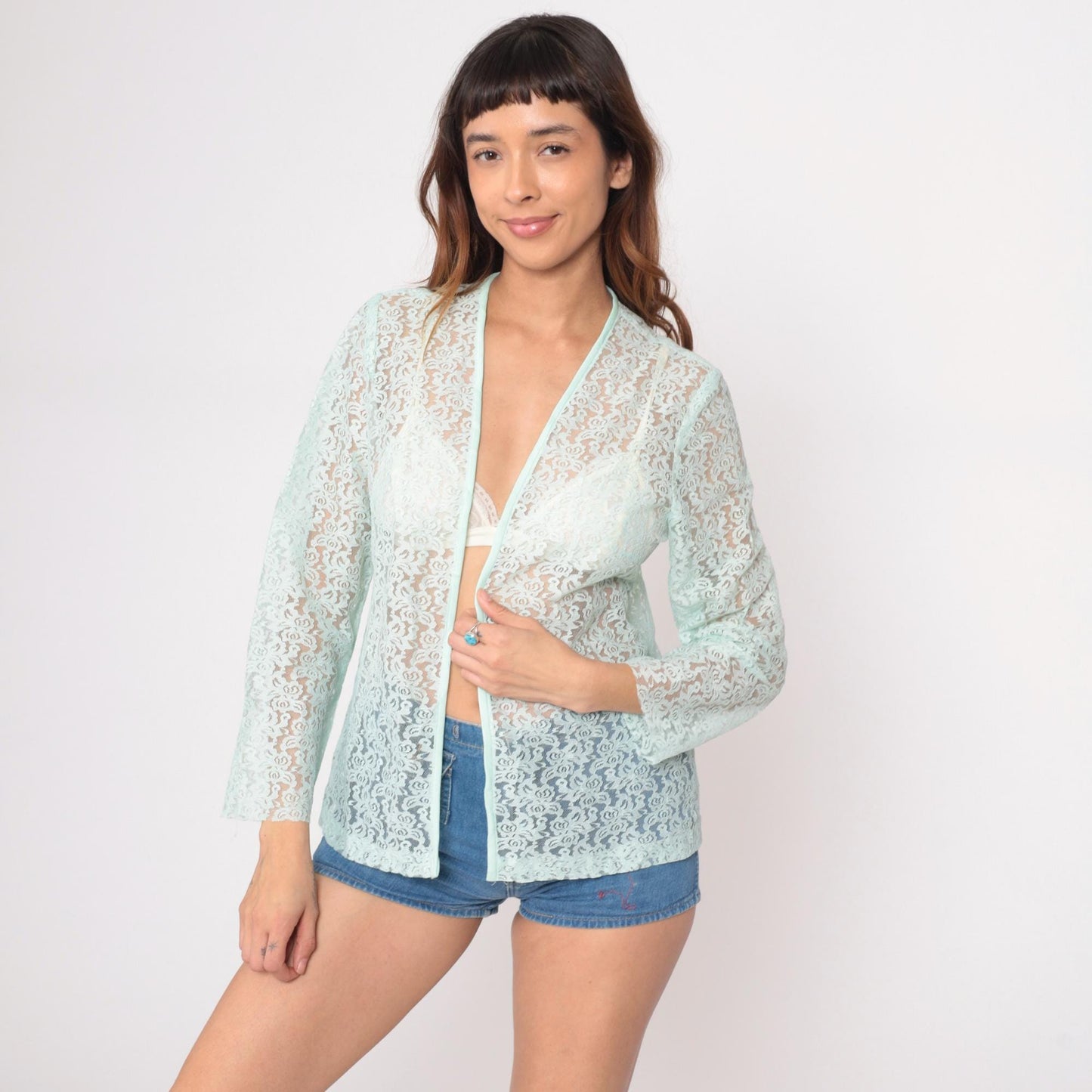 70s Montgomery Ward Mint Lace Cardigan Open Front Floral Small