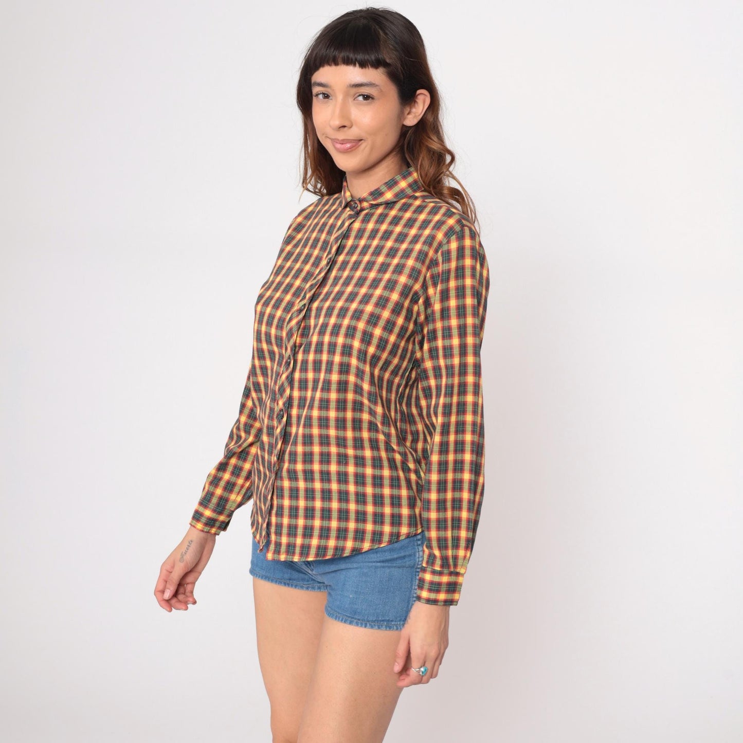 90s Oak Hill Plaid Button-Up Shirt Yellow Red Green Navy Cotton Small