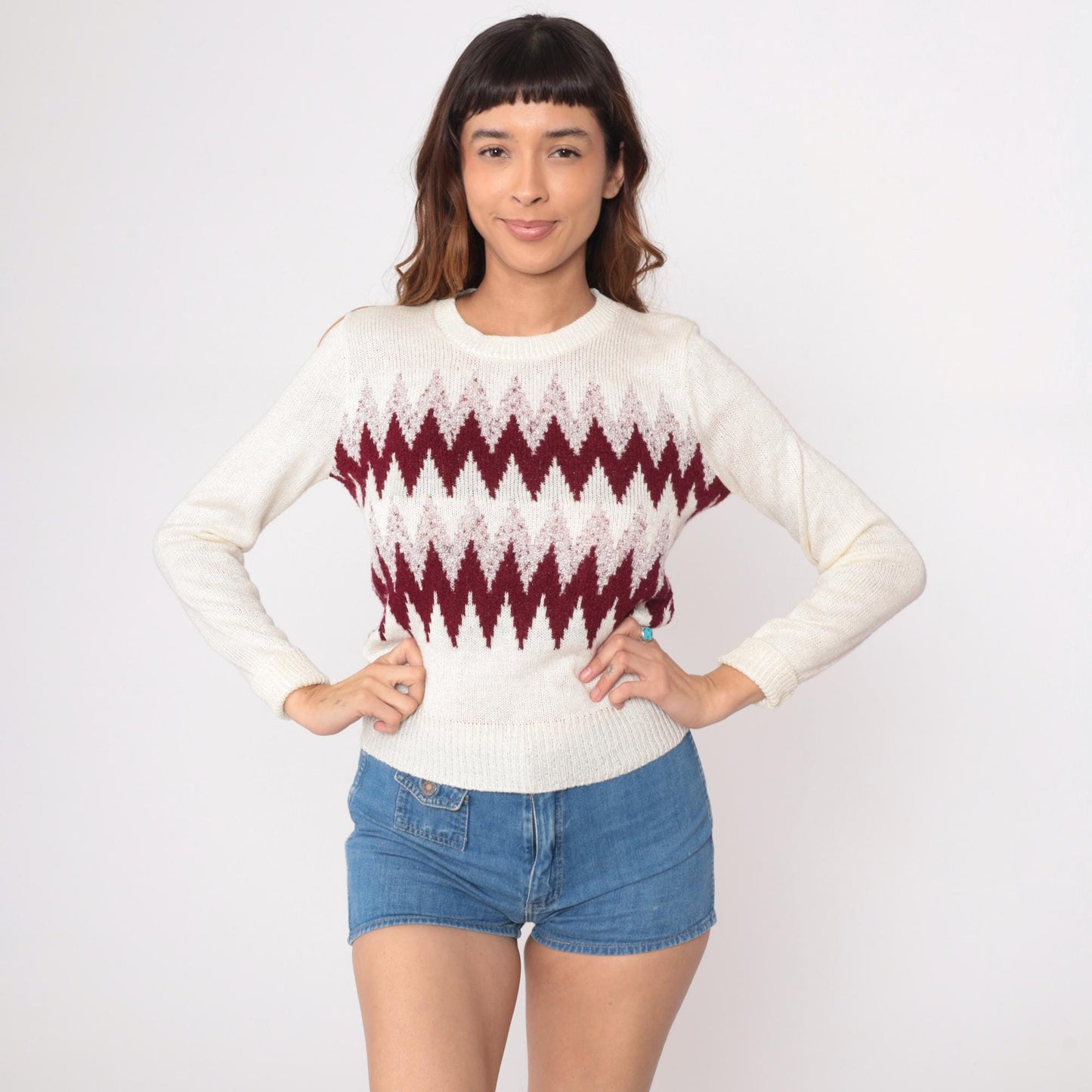 80s Cream Sweater Burgundy Mauve Diamond Geometric Crew Neck Small S