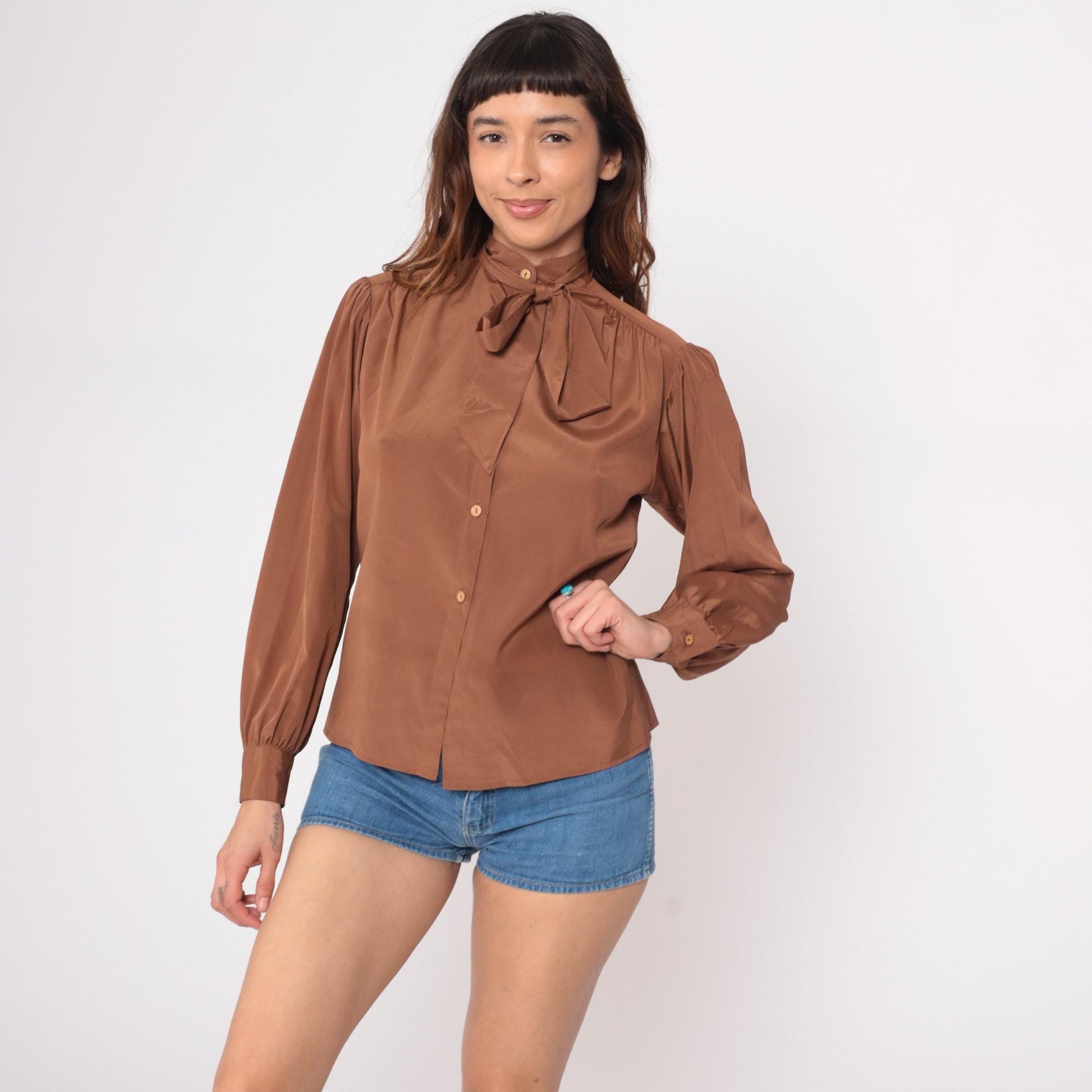 80s Brown Pussy Bow Blouse Long Sleeve Button Front Office Shirt Medium