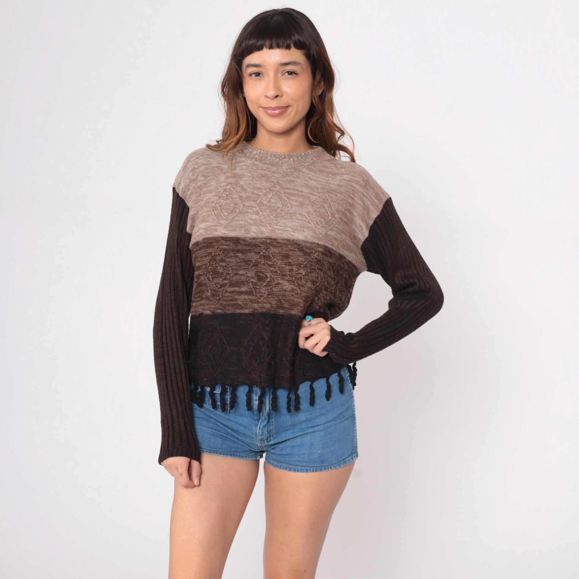 90s Color Block Striped Knit Sweater Brown Tan Fringe Hem Medium M