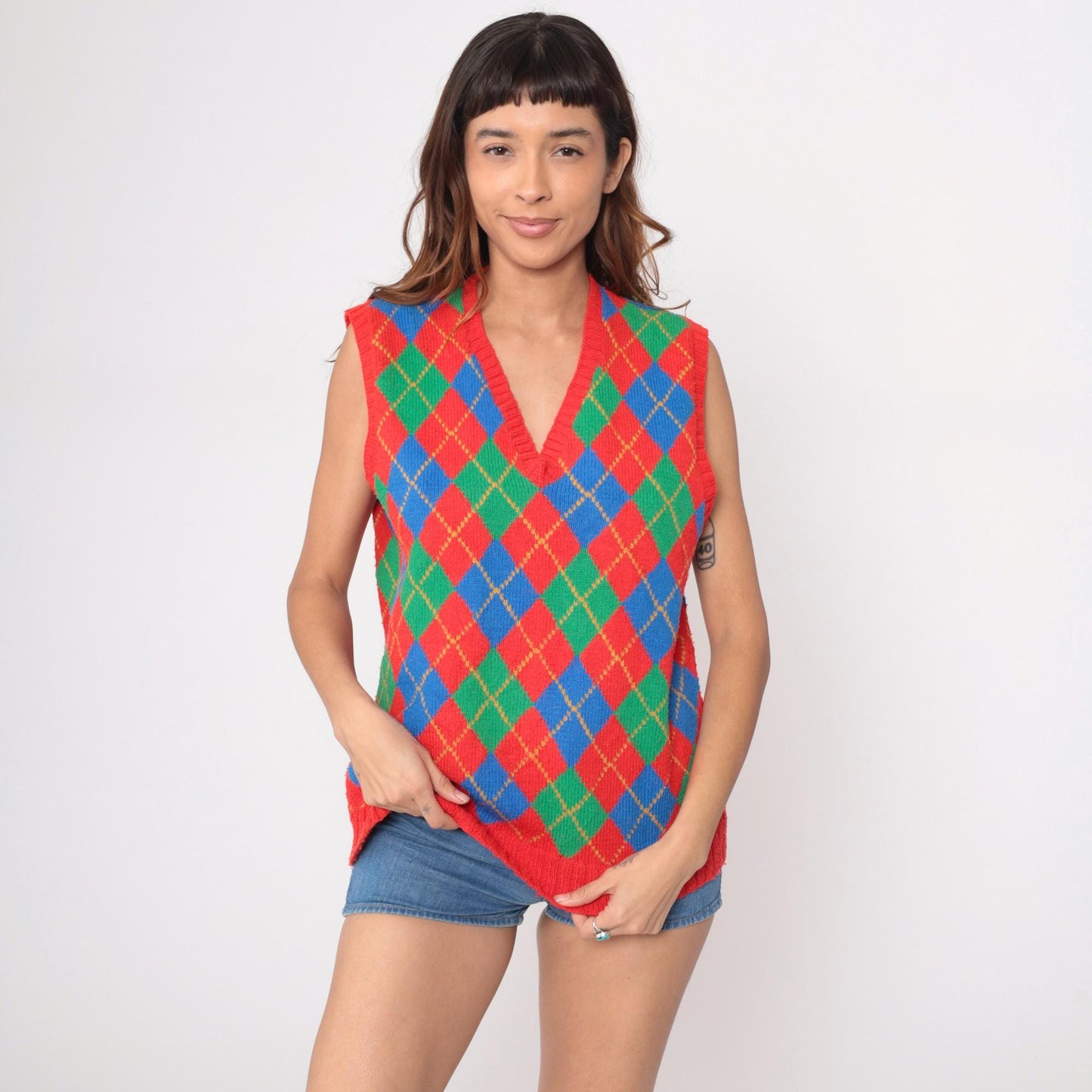 80s Adrie Matheson Hand Knit Argyle Vest V-Neck Multicolor Diamond Medium