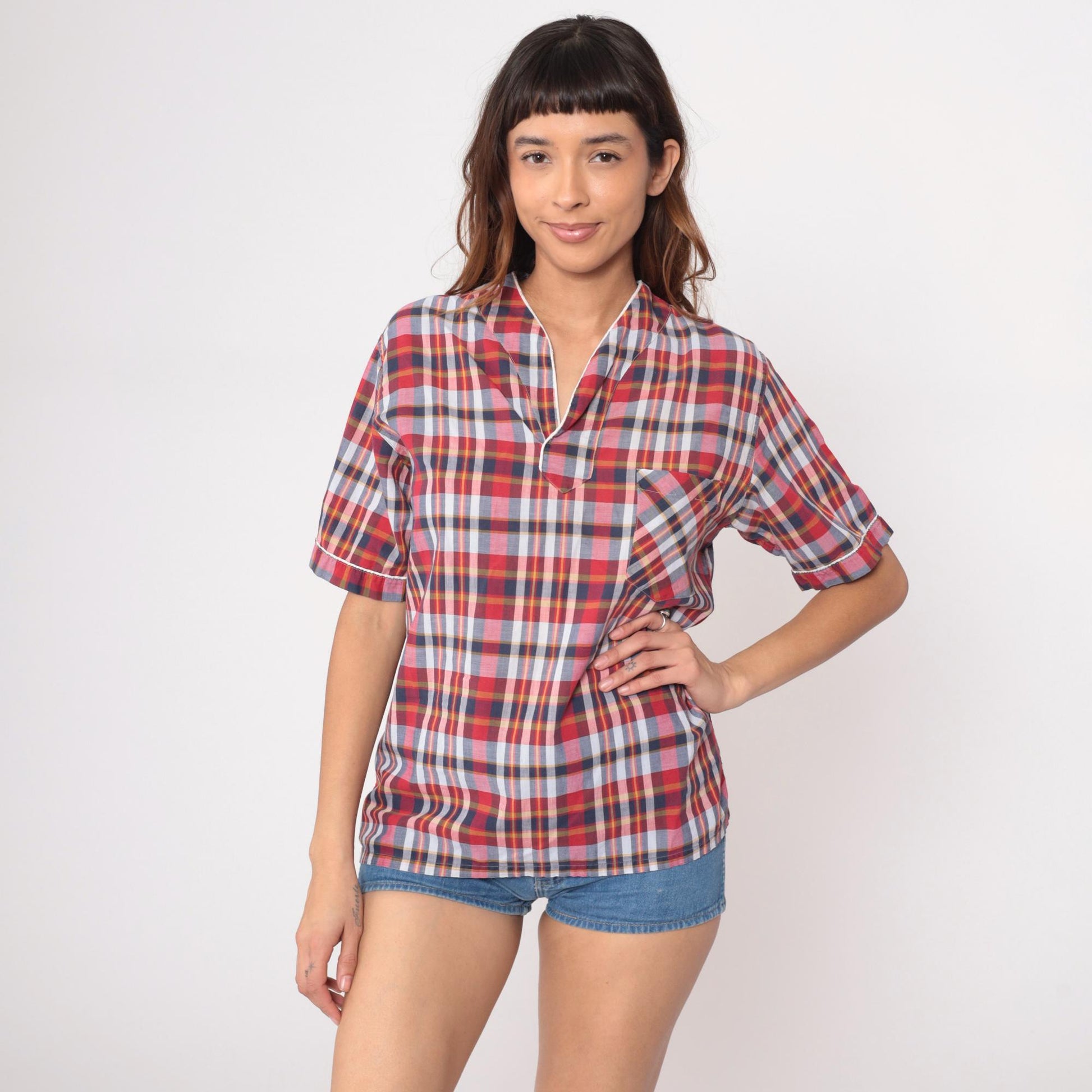 80s Sears Plaid Button-Down Shirt Red White Blue Cotton Small