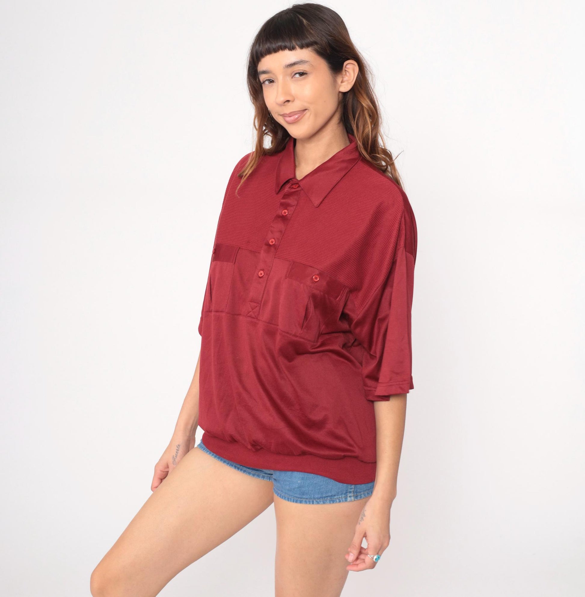 80s Burgundy Polo Shirt Classics by Palmland Button Front Cotton Extra Large XL