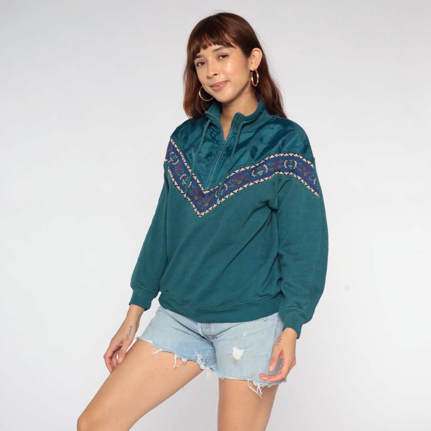 90s Chinawear Southwestern Quarter-Zip Sweatshirt Teal Chevron Embroidered Small