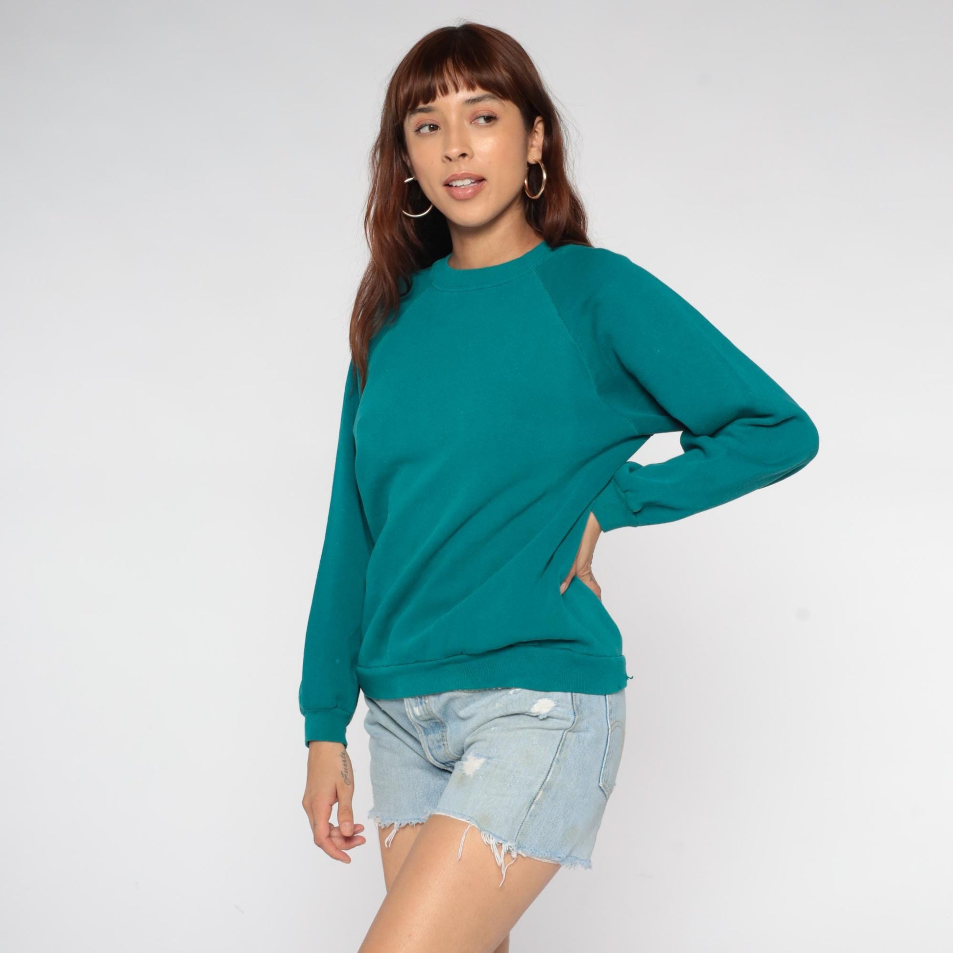 90s JAM Teal Crewneck Sweatshirt Raglan Sleeves Distressed Large L