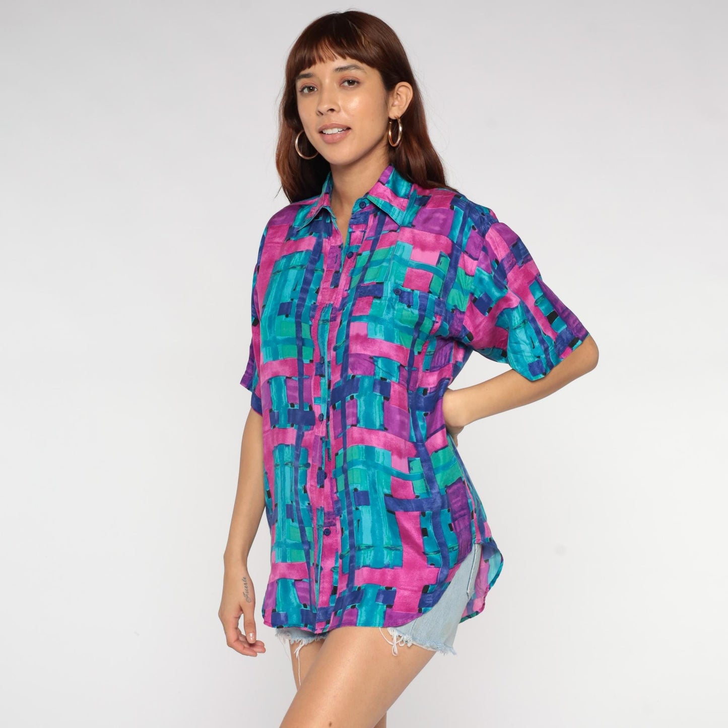 90s Silk Button Up Shirt Abstract Brushstroke Print Turquoise Pink Purple Small