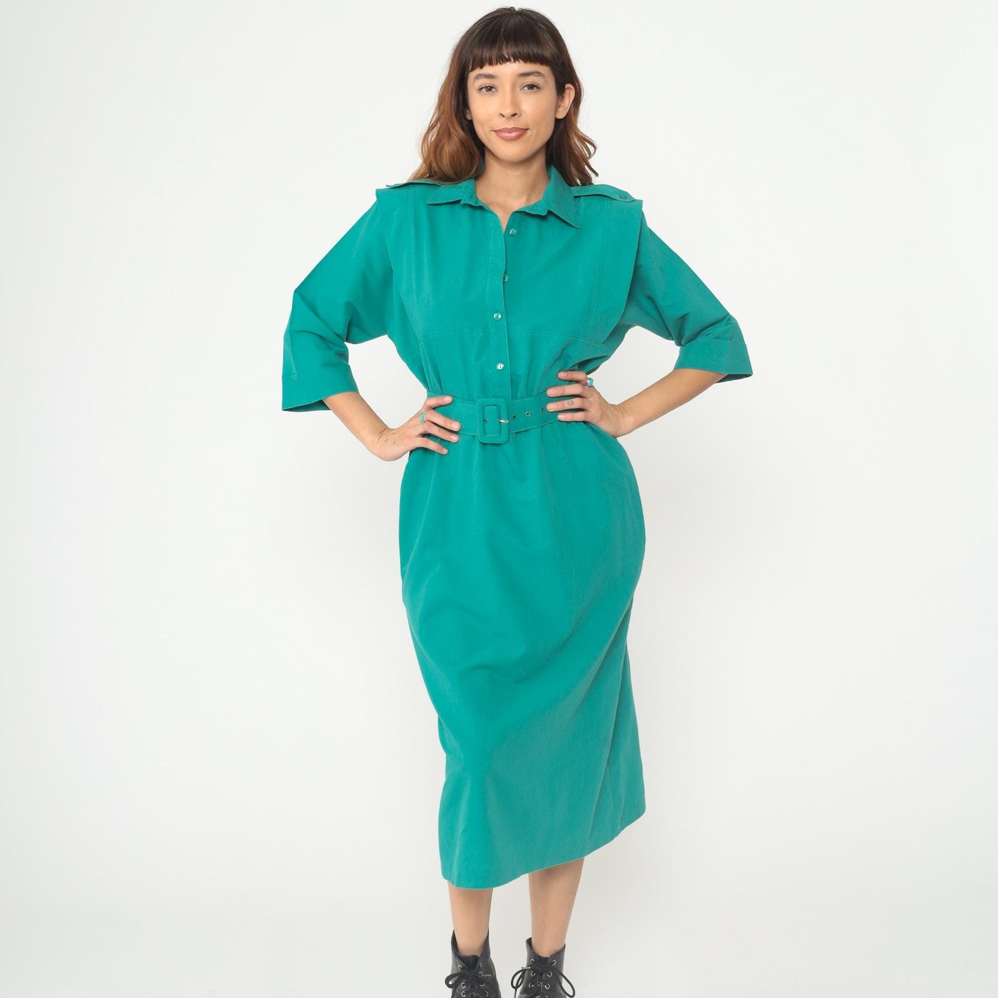 80s Teal Shirt Dress Button Front Belted Midi Structured Collar Medium