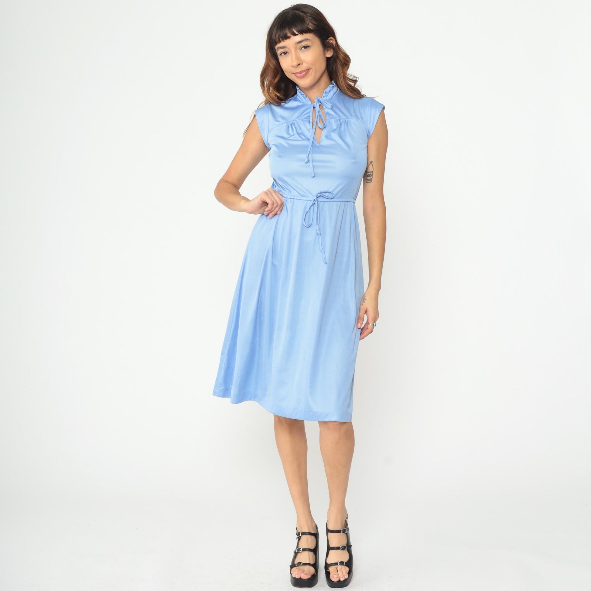 70s Powder Blue Midi Dress Tie Neck Bow Keyhole Cap Sleeve Belted Small