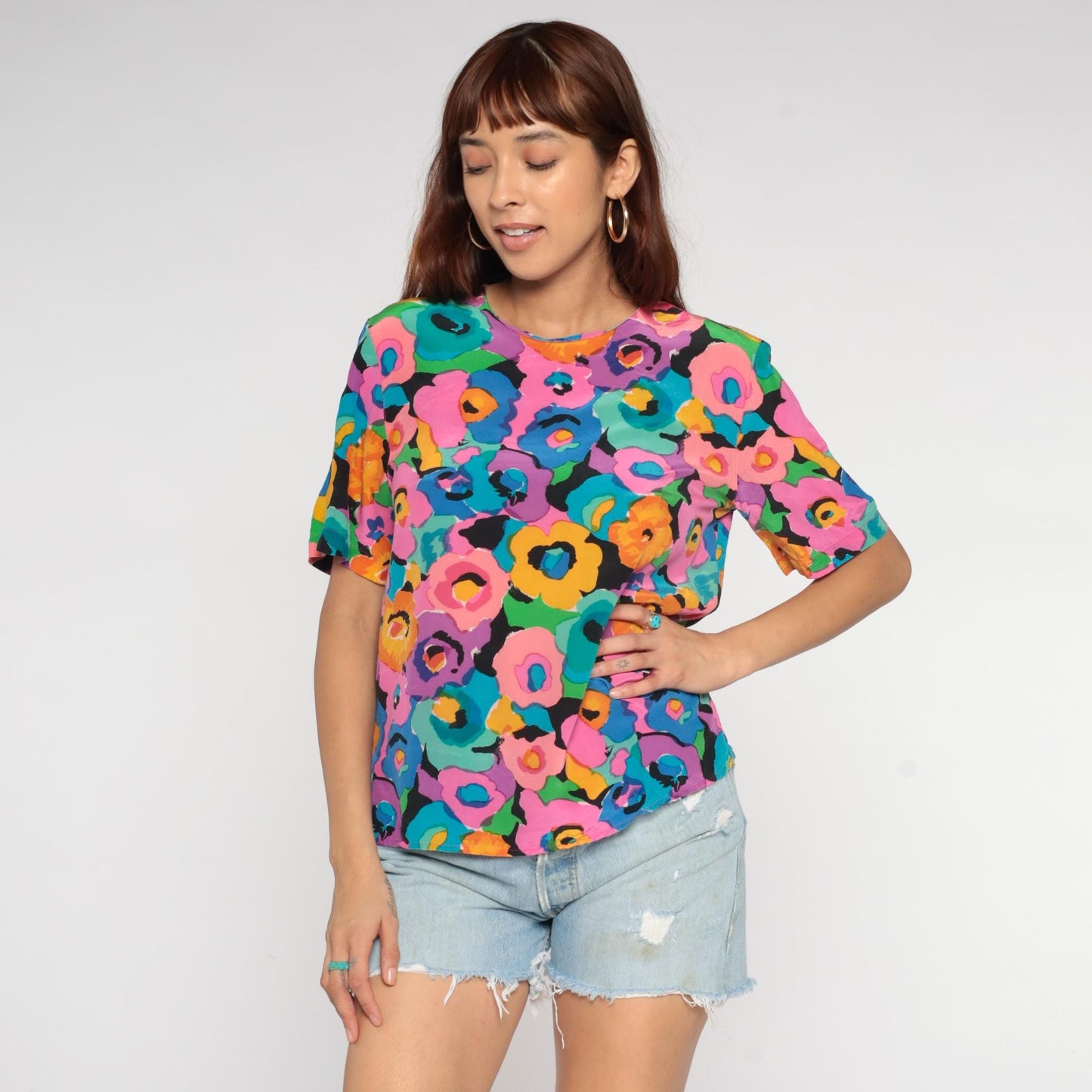 90s Spencer Jeremy Silk Blouse Abstract Floral Print Multicolor Medium M