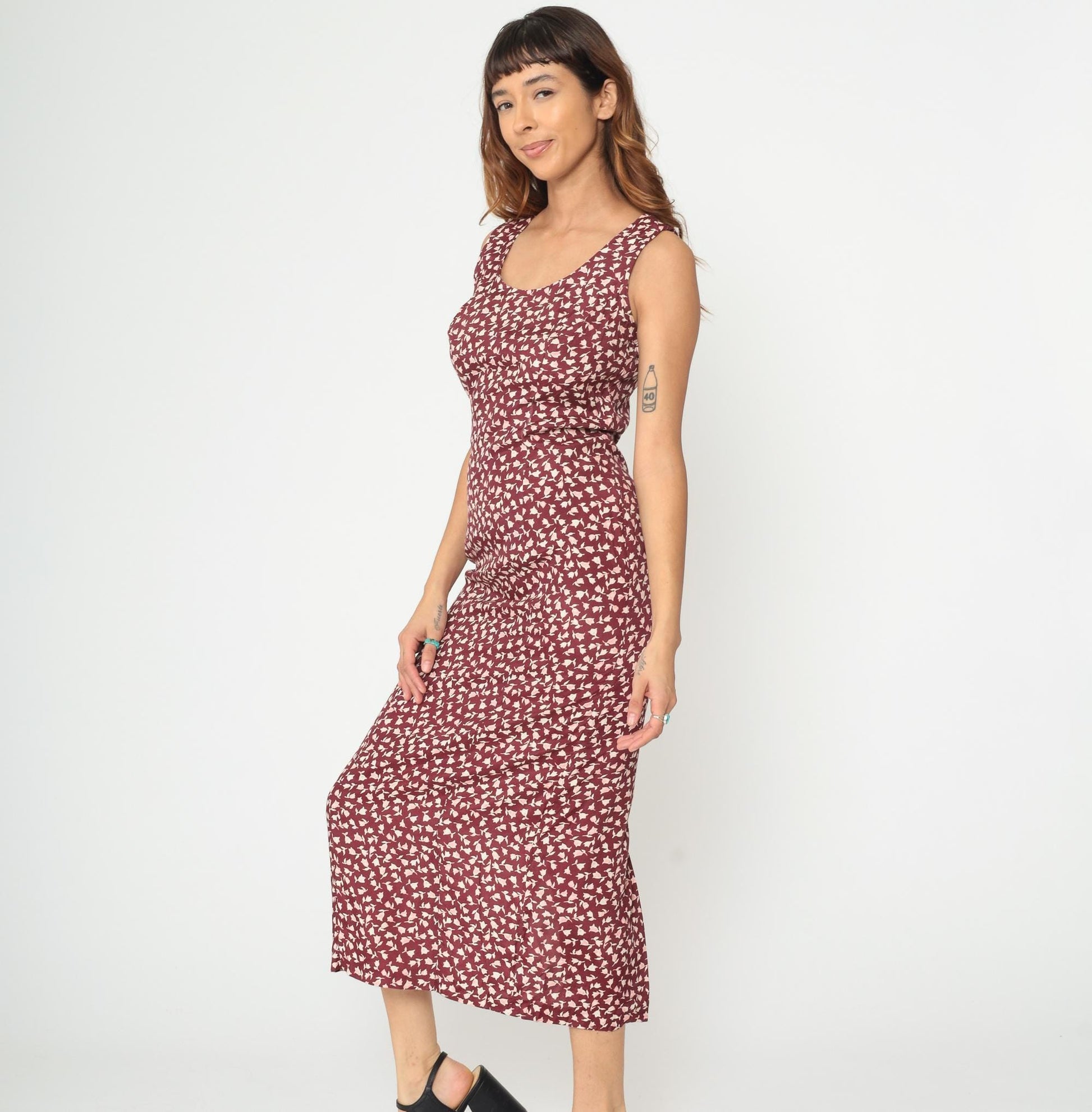 90s Burgundy Floral Midi Dress Rayon Sleeveless Scoop Neck Medium