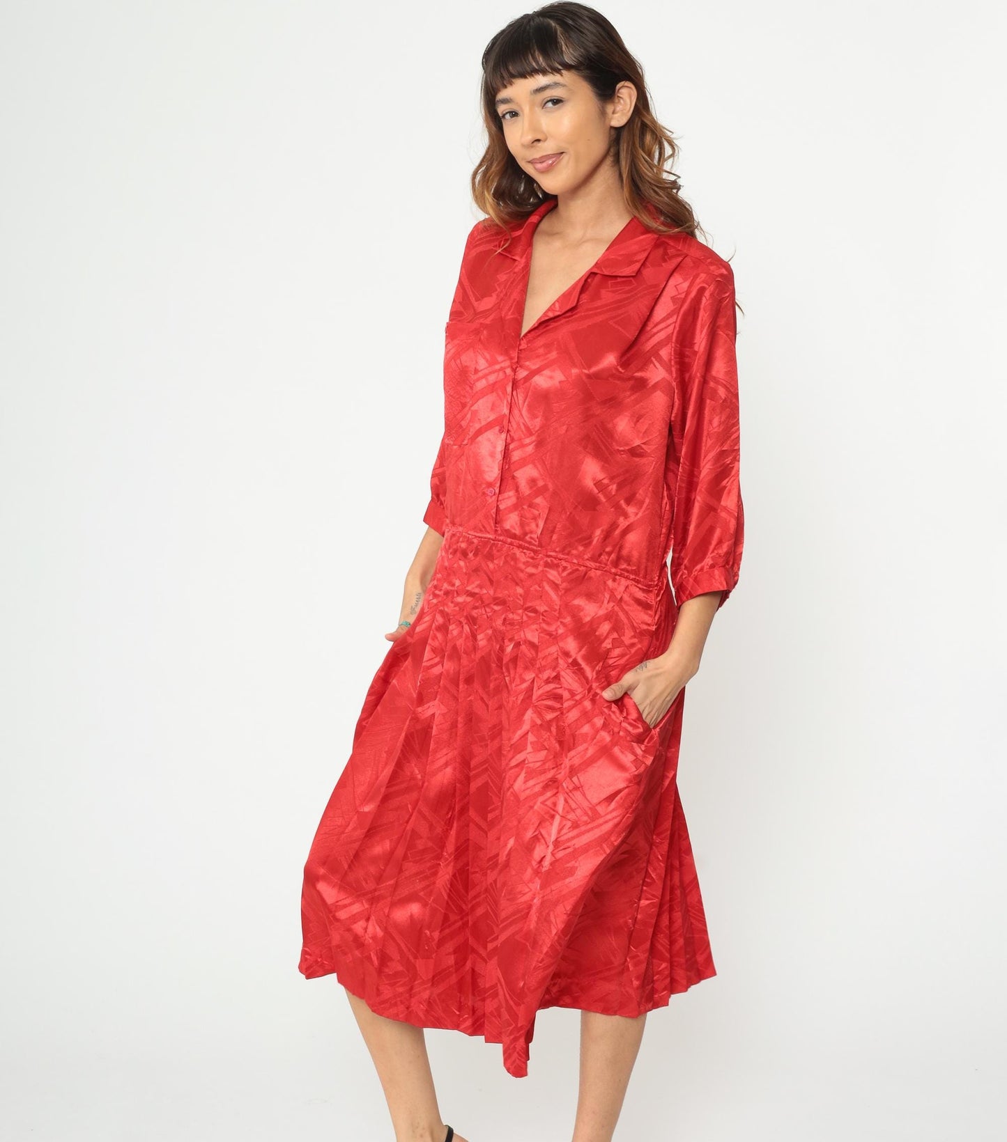 80s Red Midi Dress Button Front Pleated Jacquard Geometric Collar Medium