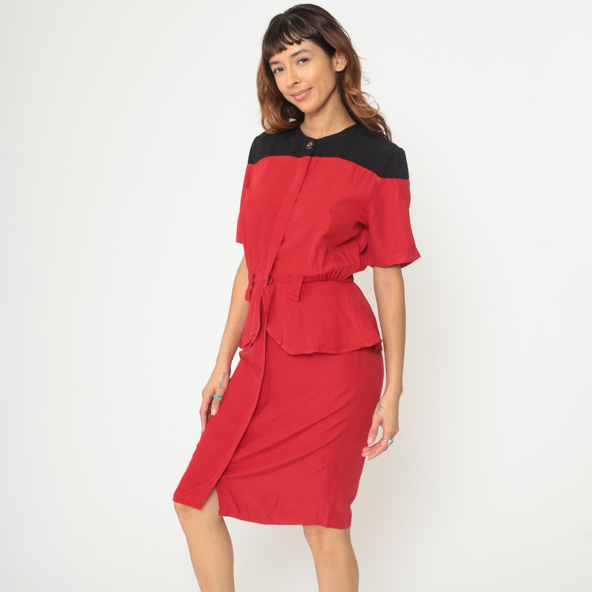 90s Color Block Midi Dress Red Black Peplum Button Front Short Sleeve Medium