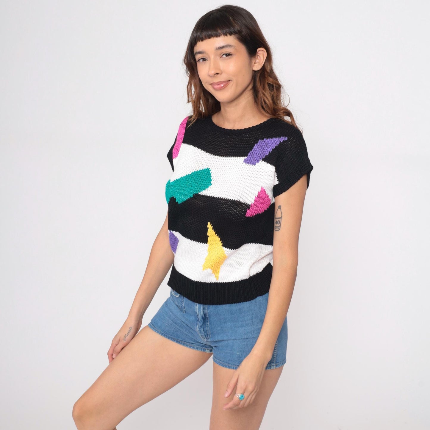 90s Campus Casuals Knit Top Black White Striped Crew Pullover Small S