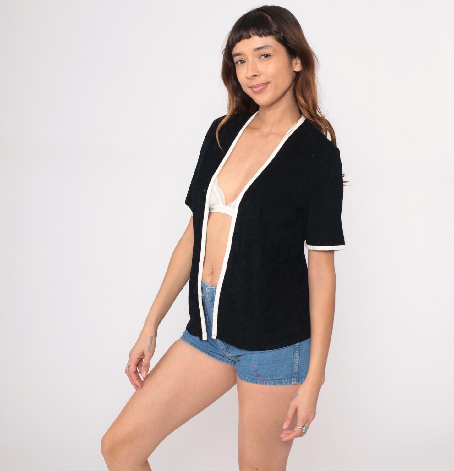 70s St Michael Black Shirt White Contrast Trim Short Sleeve Small