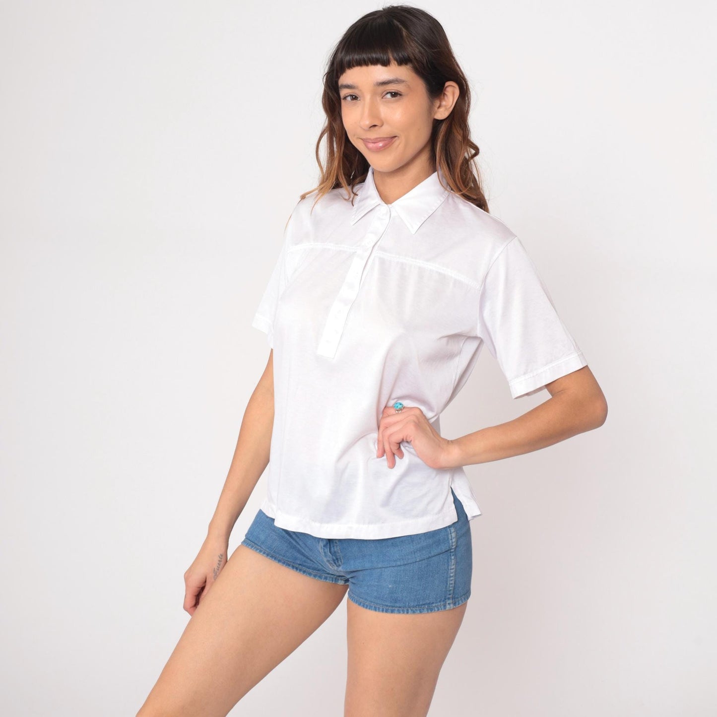 90s White Collared Polo Shirt Short Sleeve Chest Pocket Large L