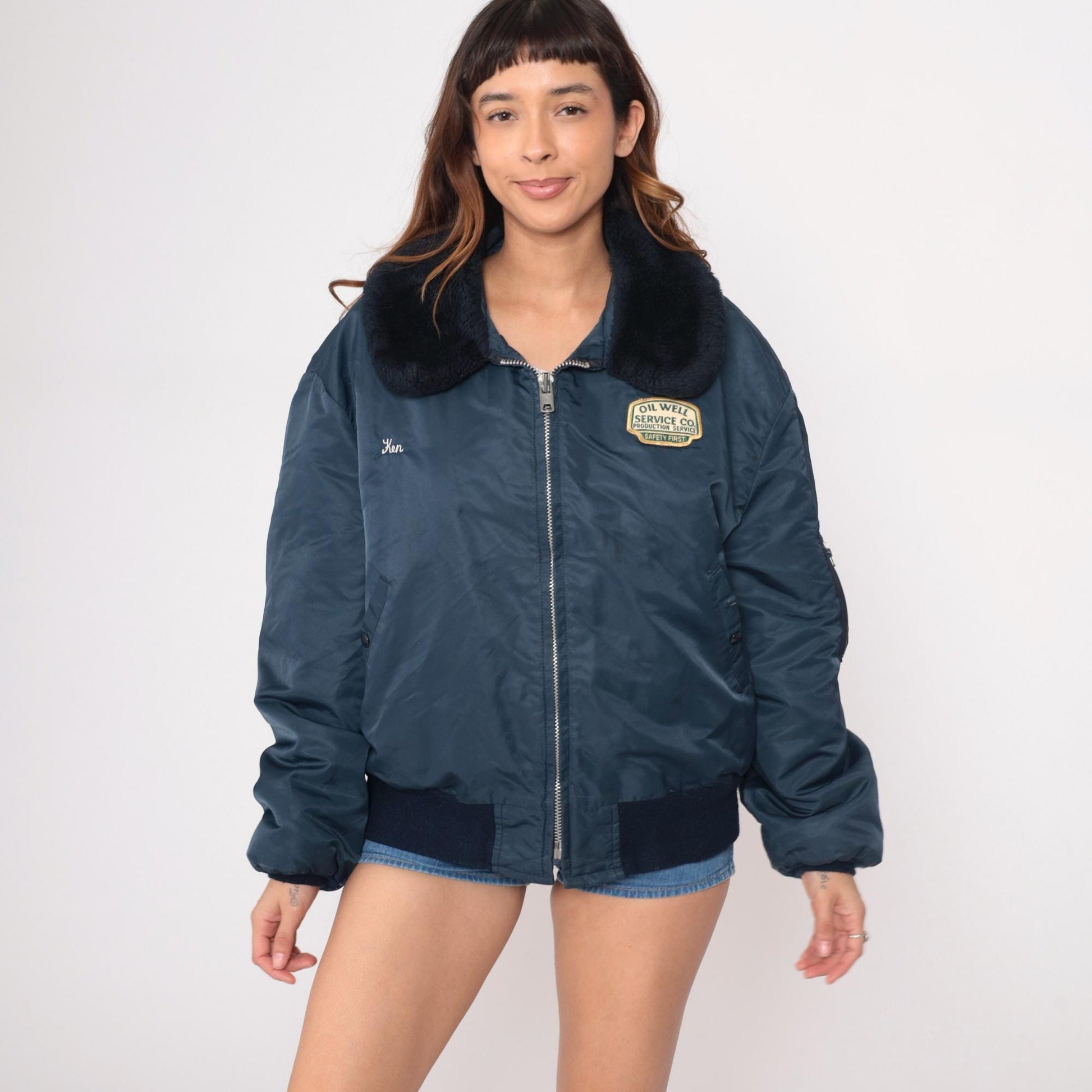 80s Navy Bomber Jacket Oil Well Service Embroidered Ken Patch XXL