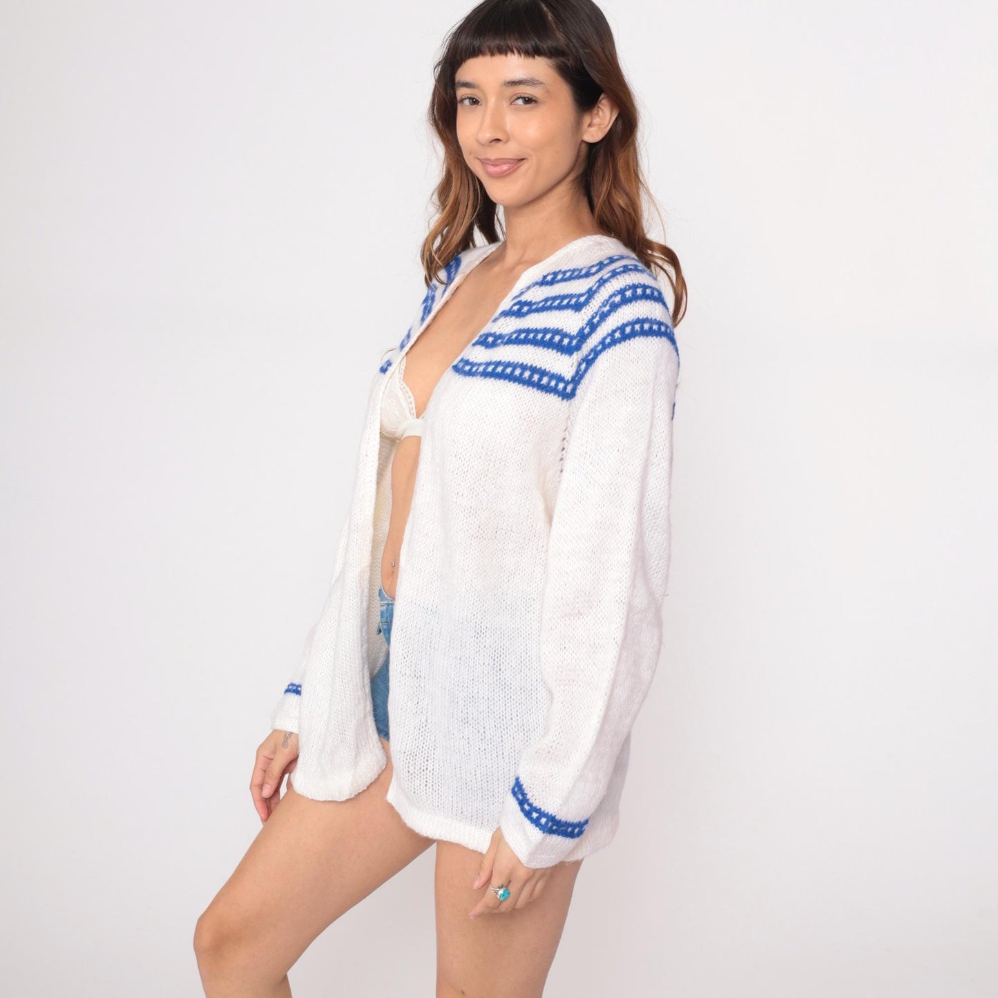 70s White Knit Cardigan Blue Striped Trim V-Neck Long Sleeve Medium