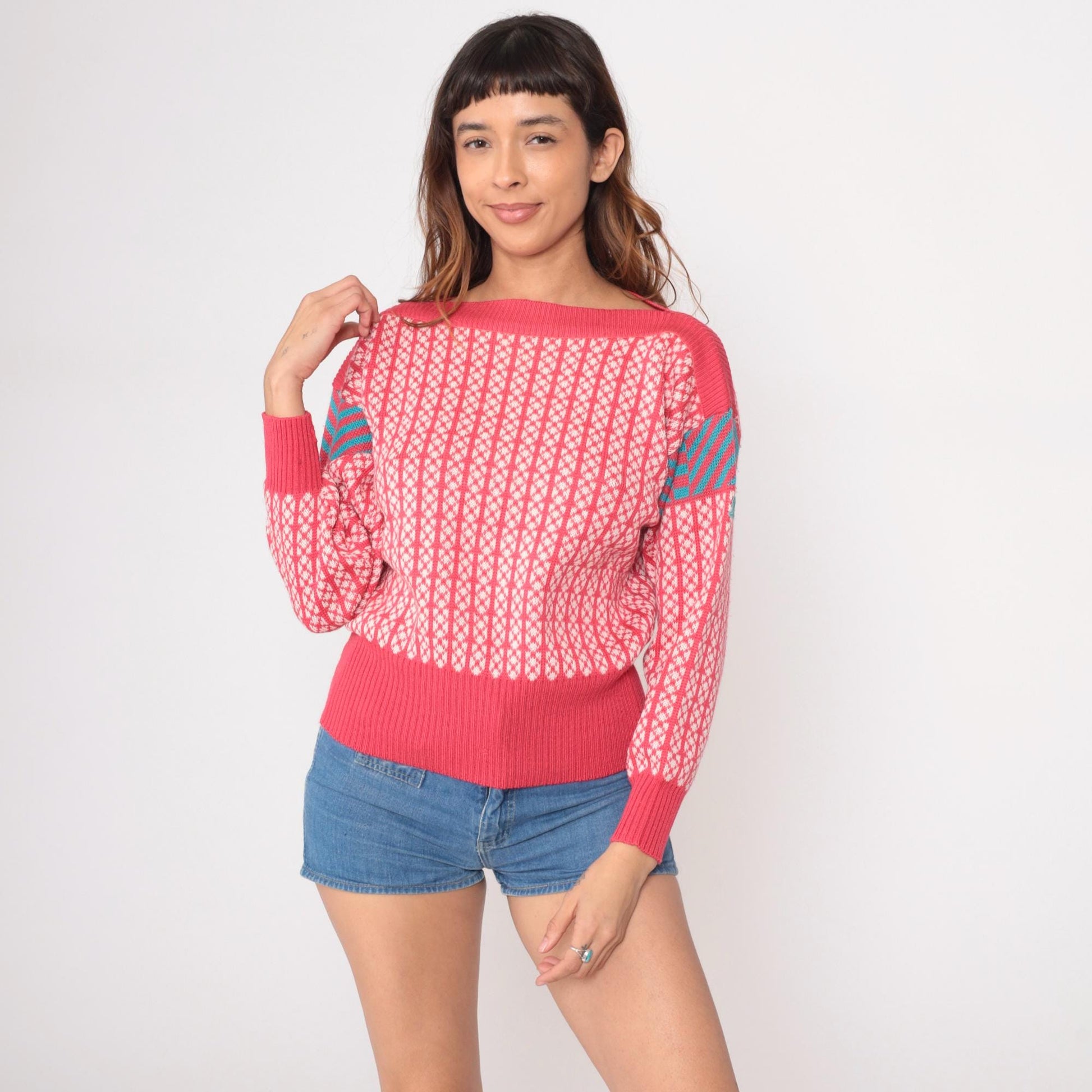 80s Demetre Wool Fair Isle Sweater Pink Geometric Boat Neck Medium M