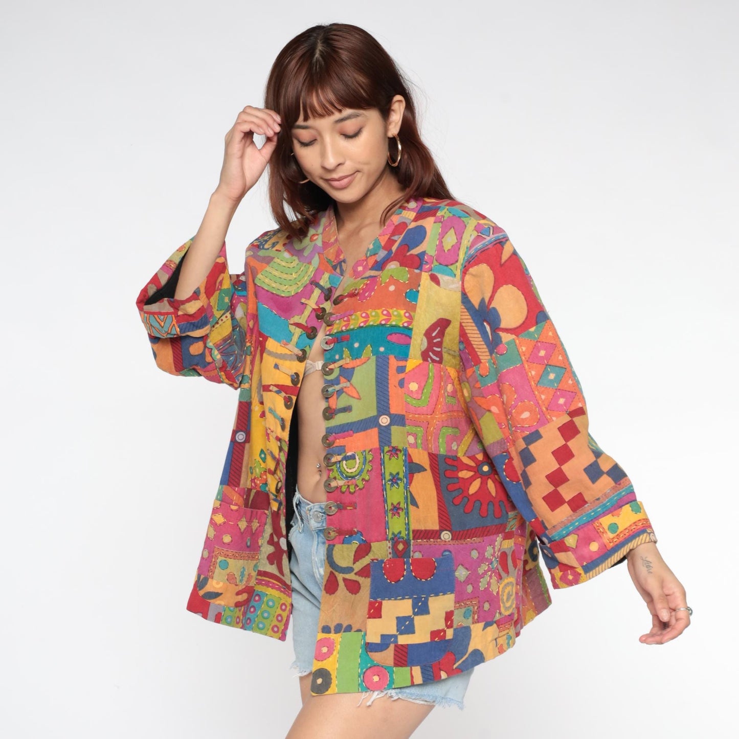 Y2K Rainbow Patchwork Cotton Jacket Embroidered Floral Button Front Extra Large