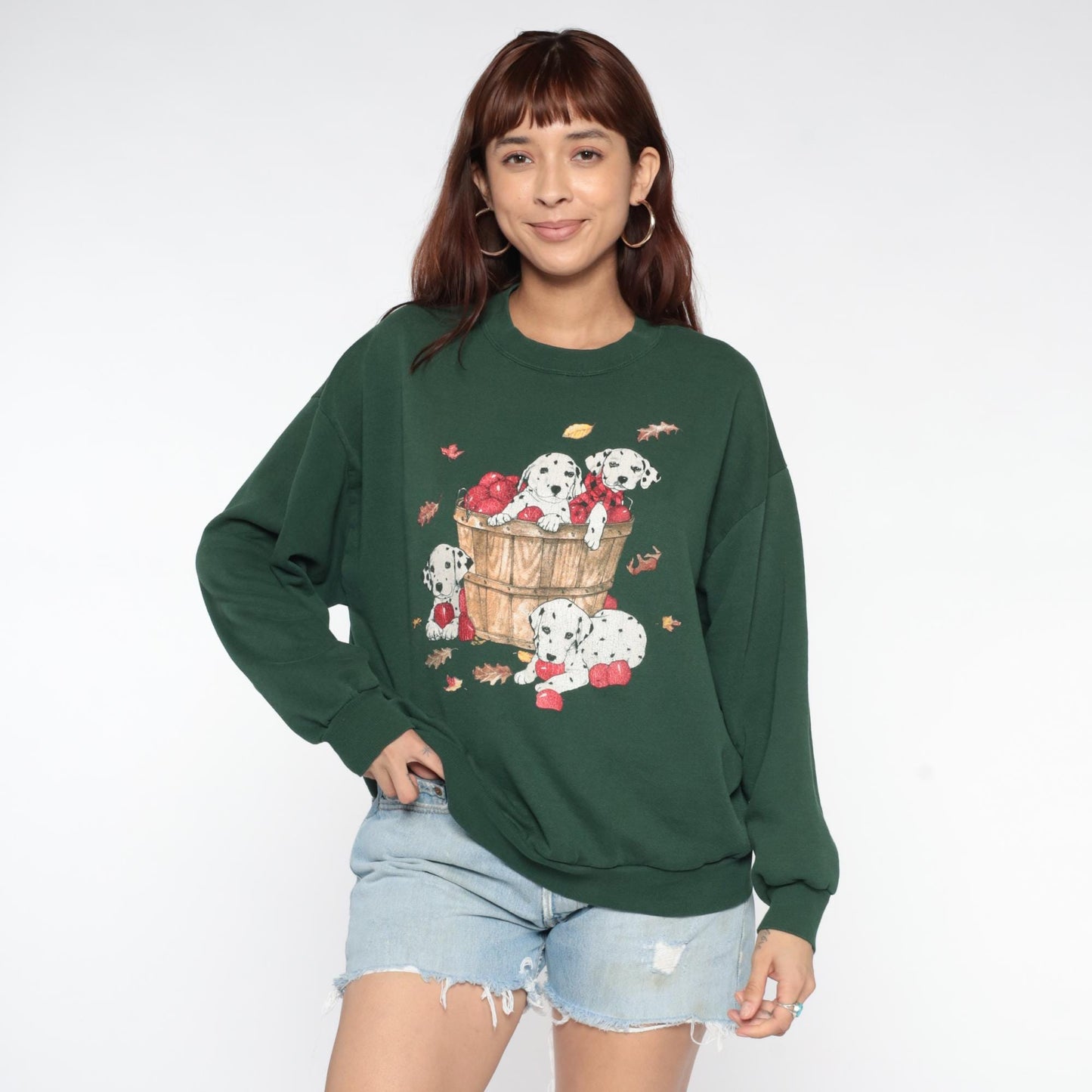 90s Dalmatian Puppy Apple Basket Sweatshirt Forest Green Graphic Large L