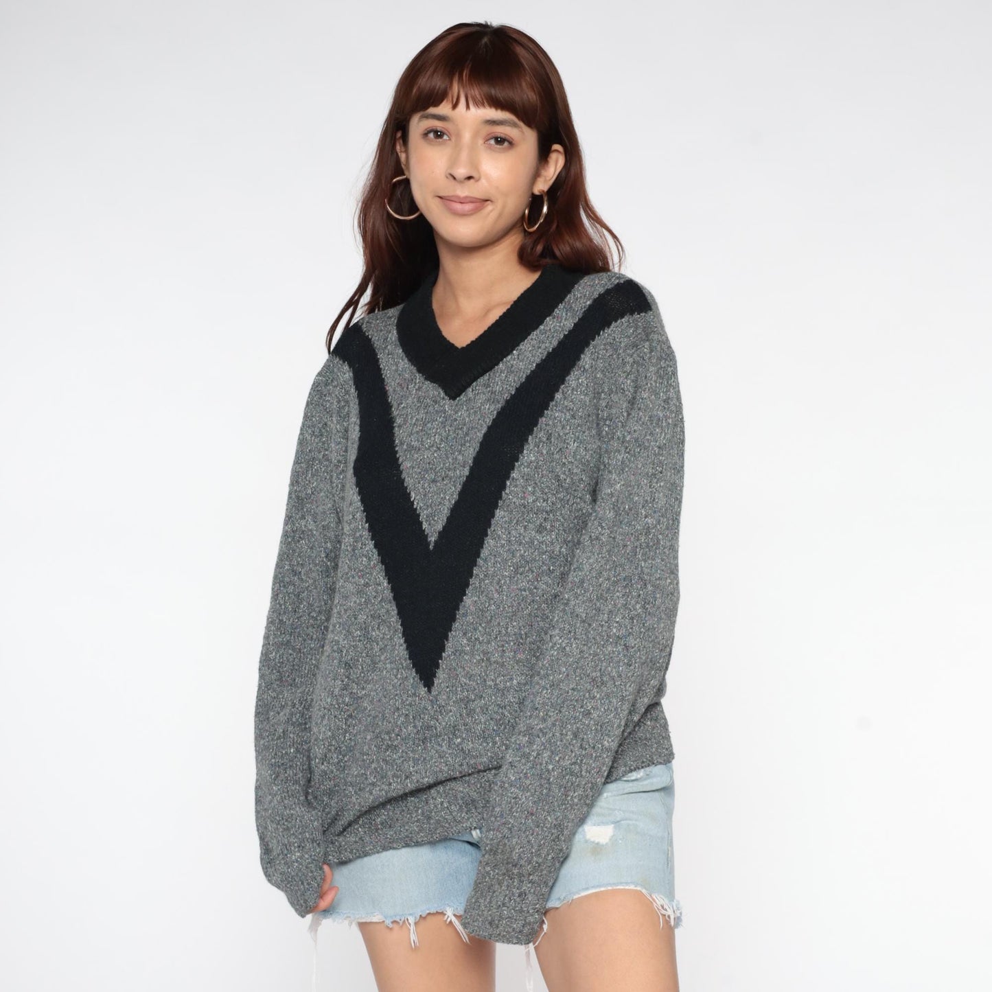 90s Forecast Chevron V-Neck Sweater Grey Black Trim Extra Large XL