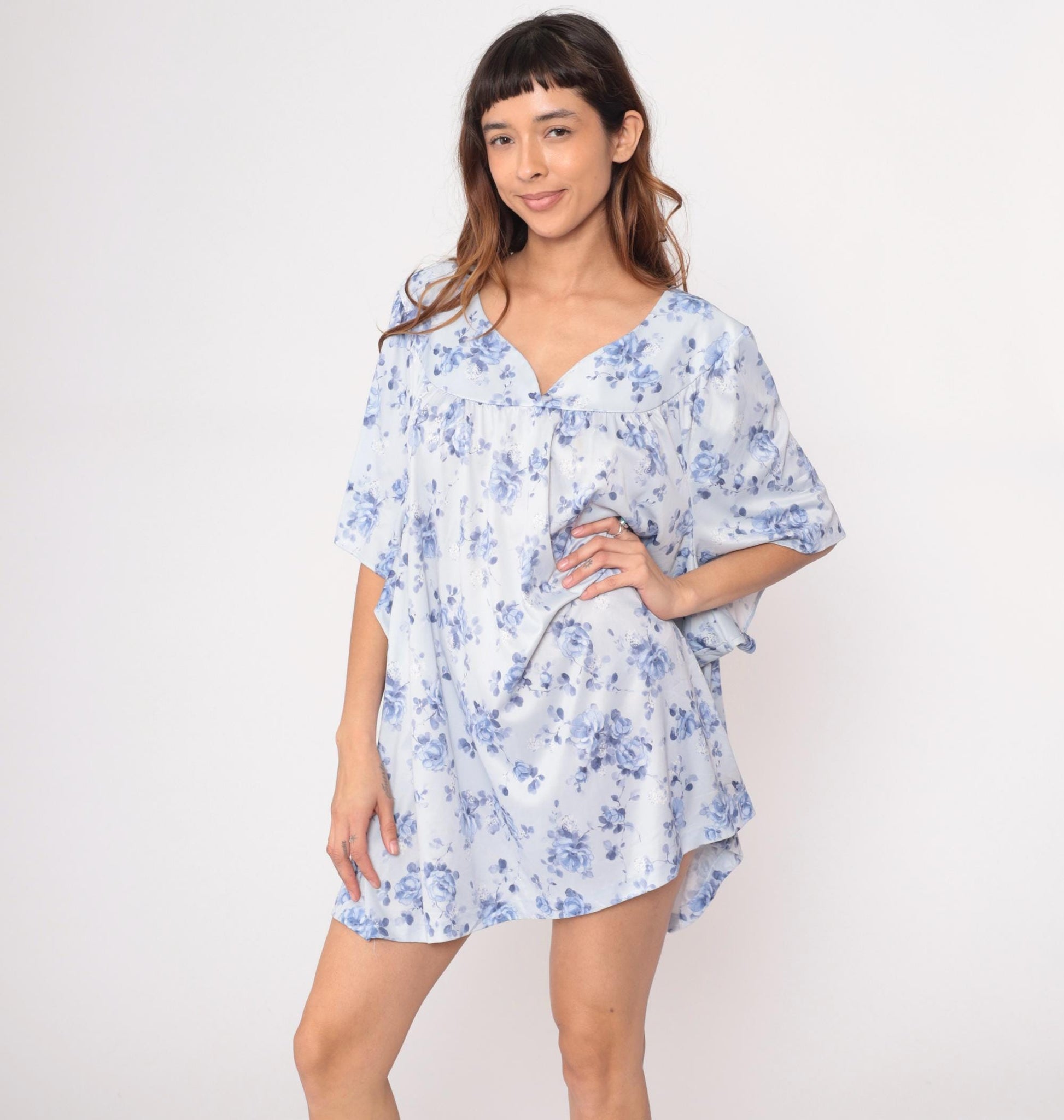 90s Blue Floral Nightgown White Peter Pan Collar Short Sleeve Plus Size XXL