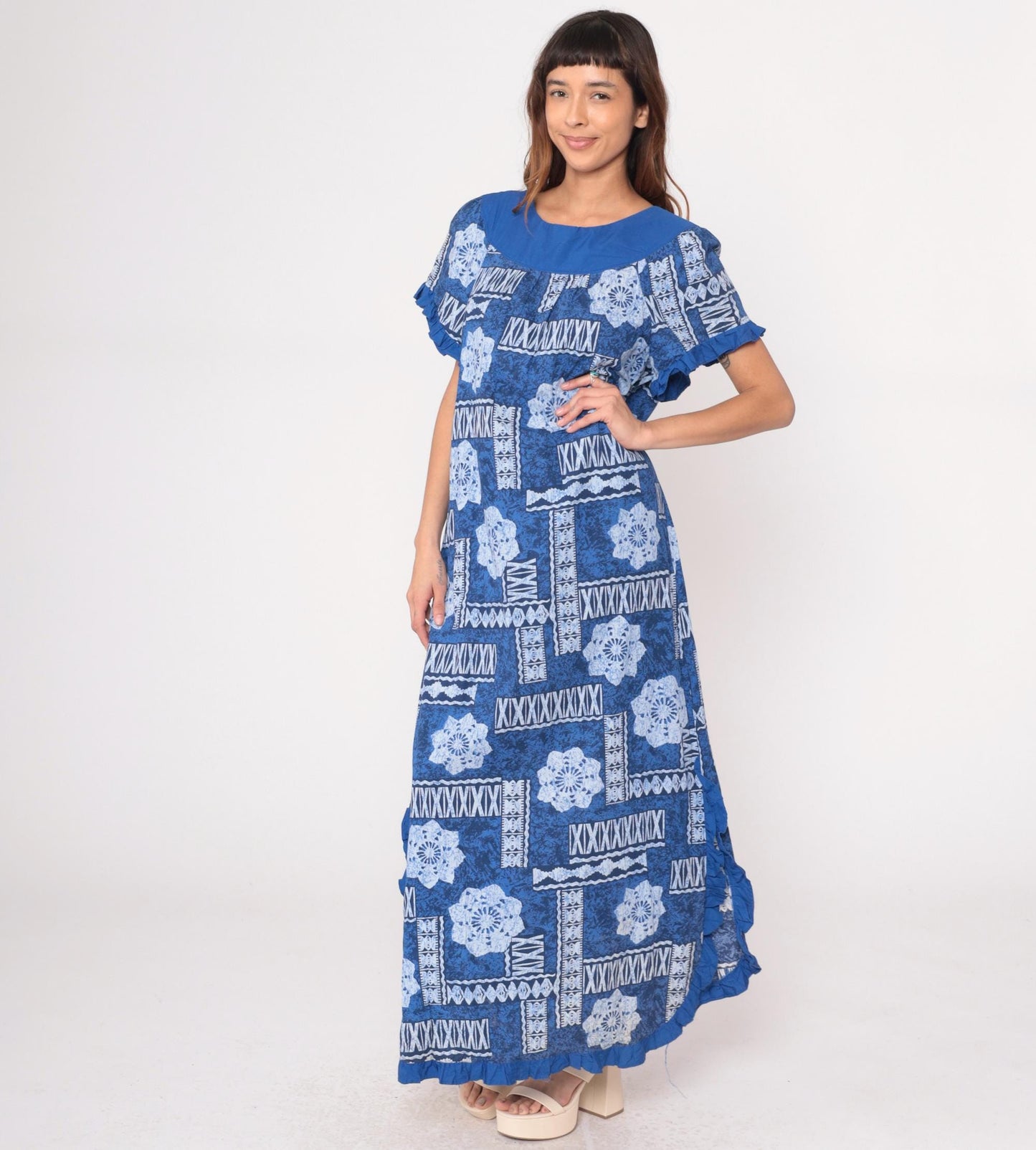 80s Blue White Geometric Tribal Maxi Dress Flutter Sleeve Scoop Neck Medium