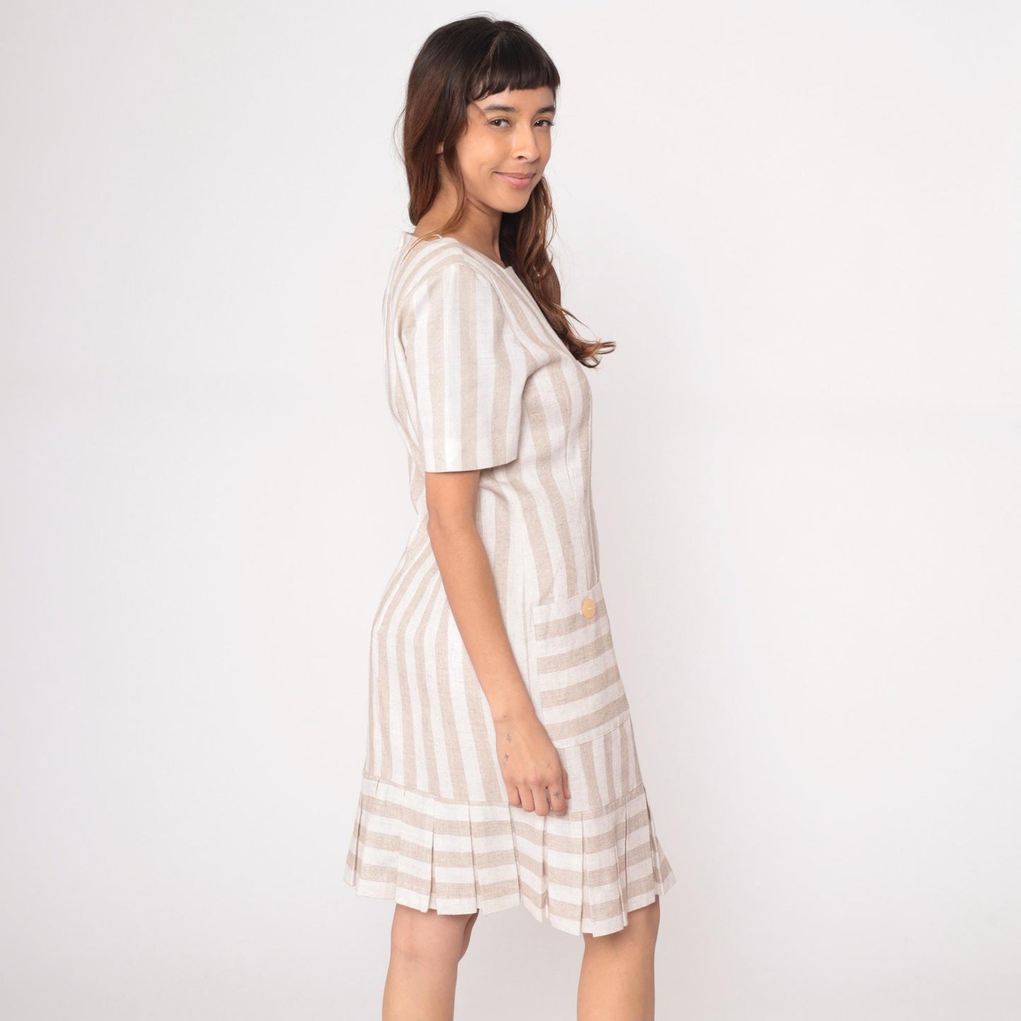 80s Jessica Howard Striped Dress Square Neckline Pleated Knee-Length Beige Medium