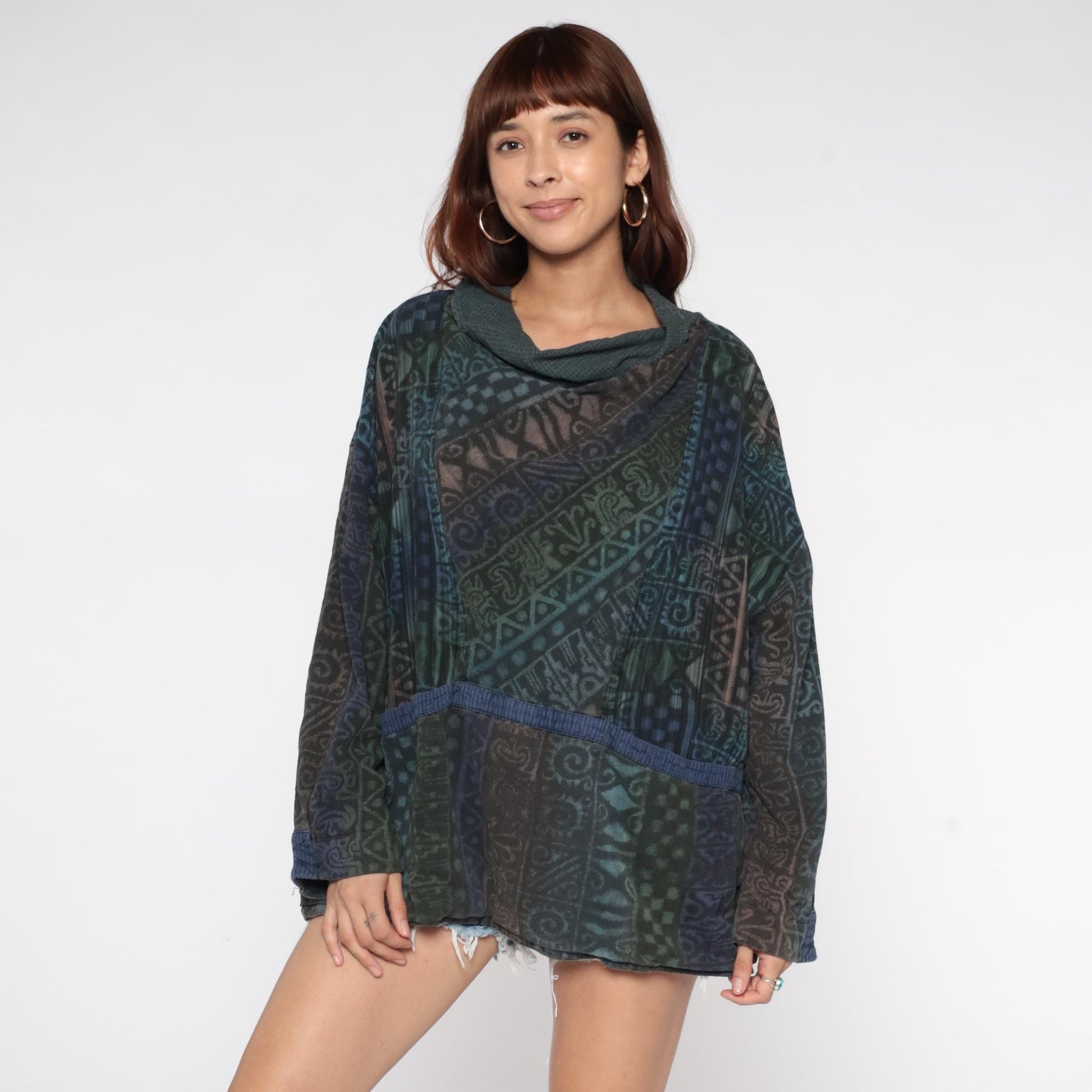 90s Winter Sun Tunic Plus Size Cowl Neck Geometric Print Extra Large XXL