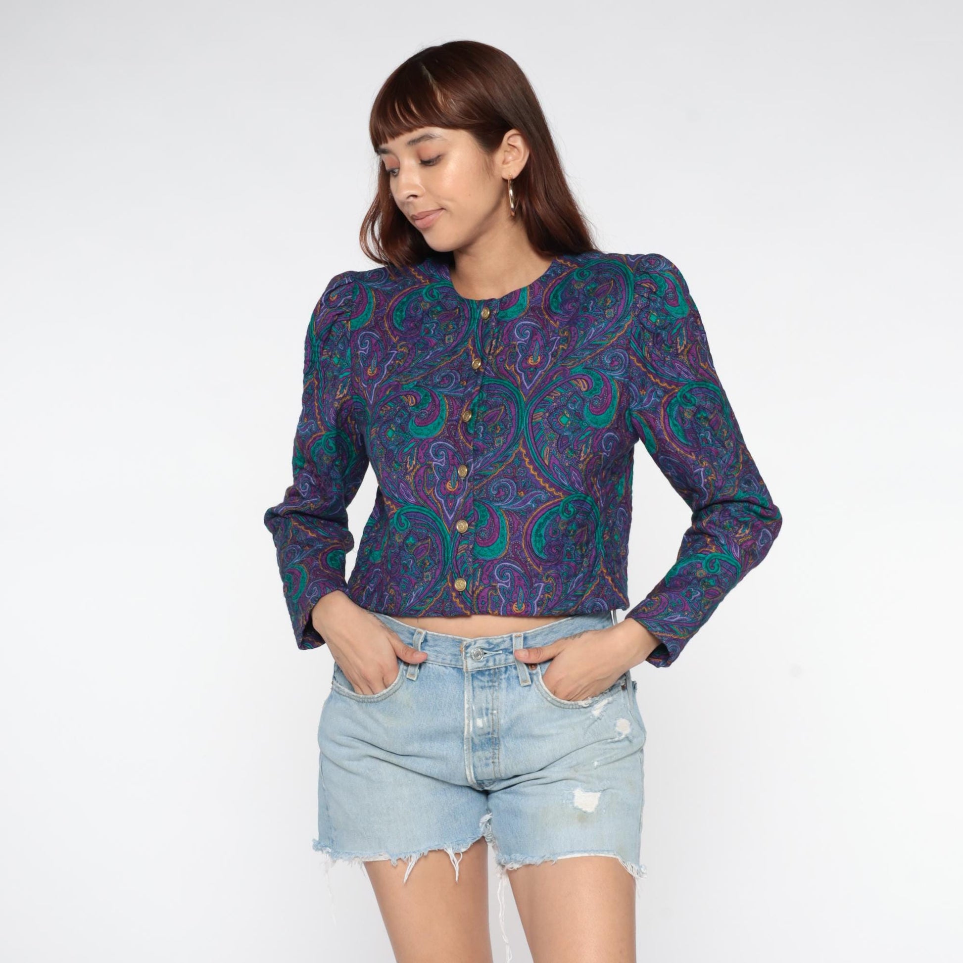 90s Jeffrey & Dare Purple Paisley Quilted Cropped Jacket Medium