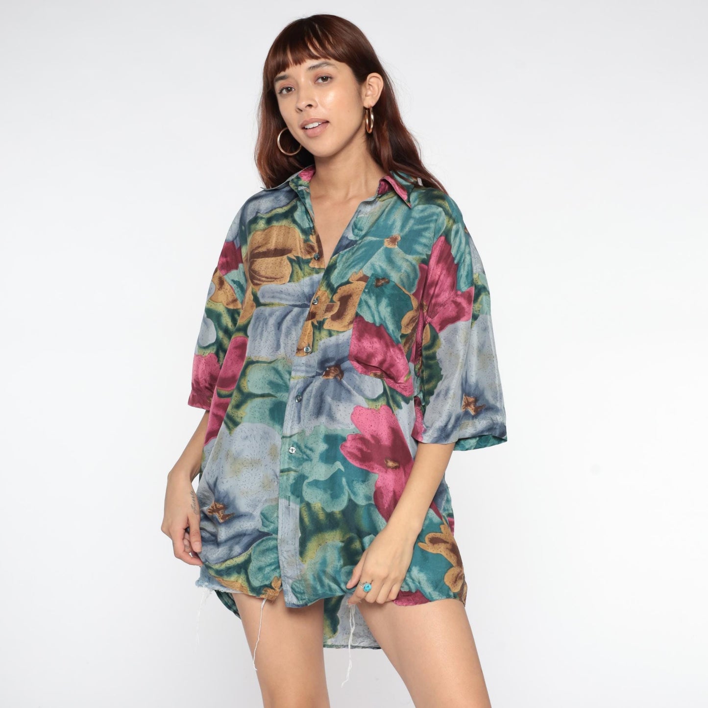 90s Silk Hawaiian Shirt Floral Print Teal Pink Blue Gold Extra Large XL