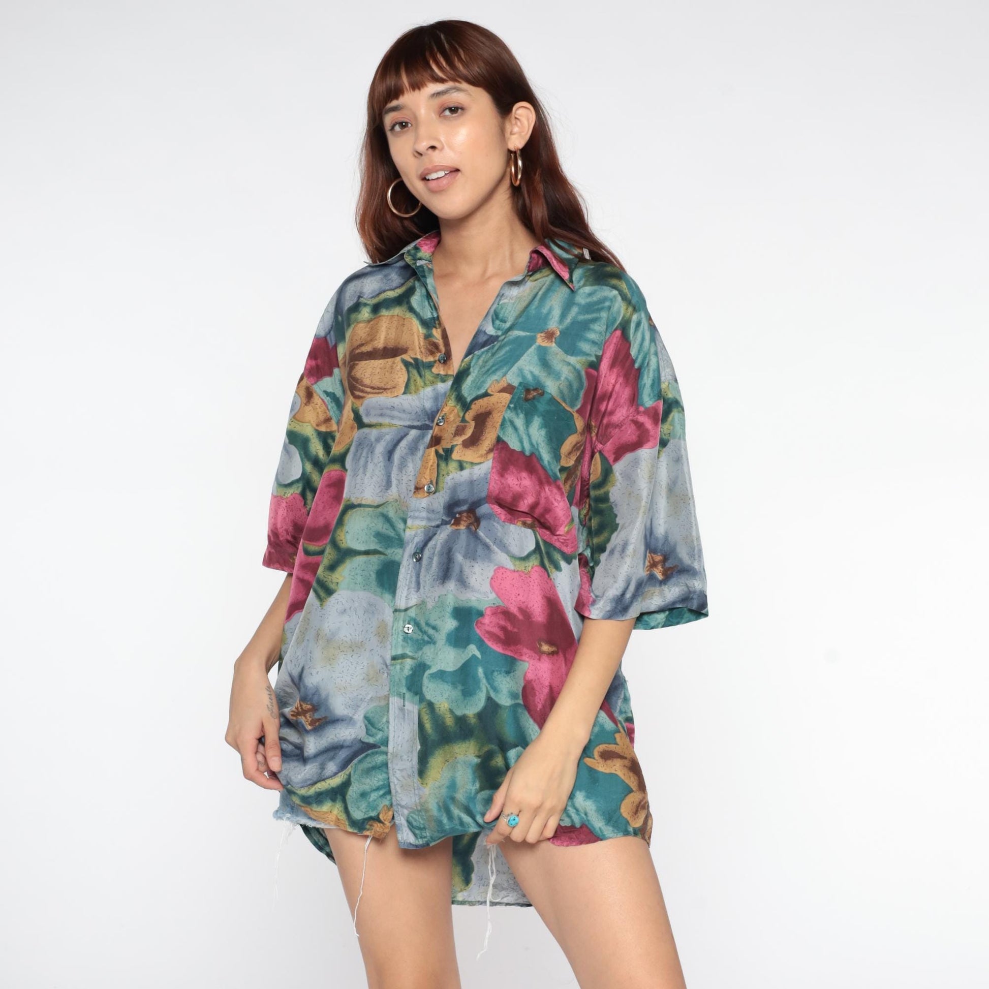 90s Silk Hawaiian Shirt Floral Print Teal Pink Blue Gold Extra Large XL