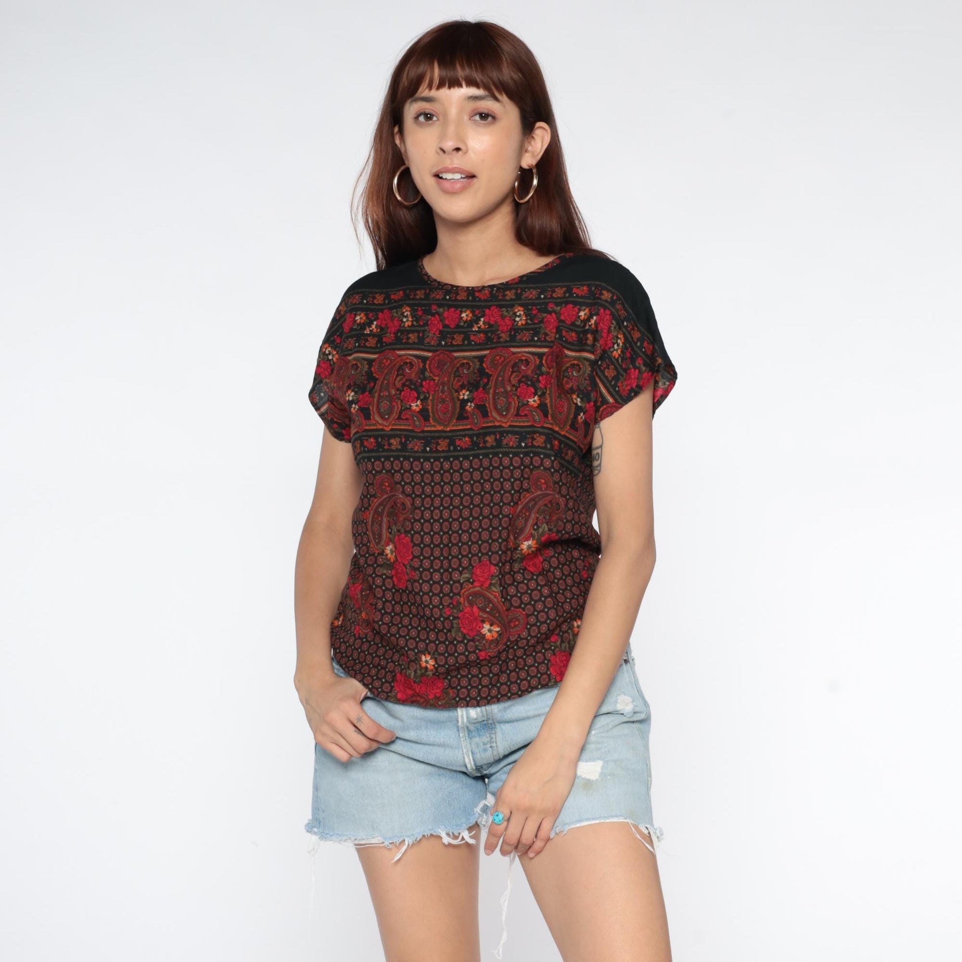 90s Paisley Floral Short Sleeve Blouse Black Burgundy Red Small S