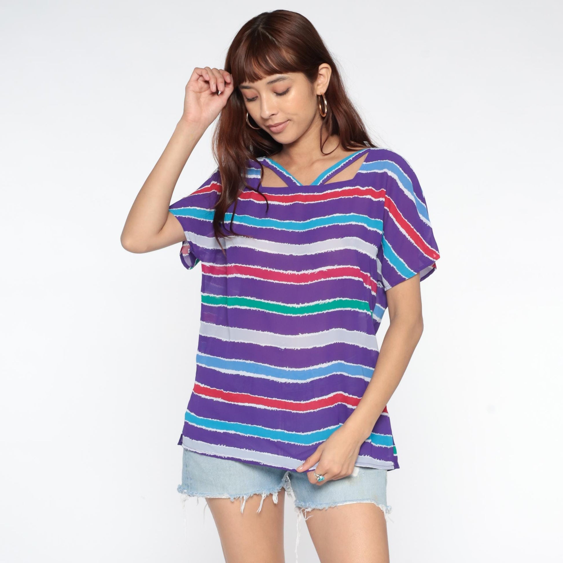 80s Purple Striped Tunic Cutout Back Geometric Short Sleeve Medium