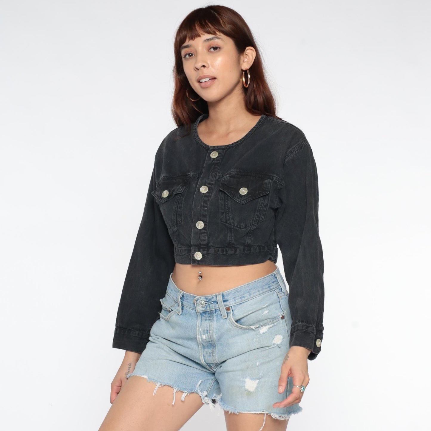 80s Black Denim Jacket Cropped Fitted Collarless Bleach Distressed Small S