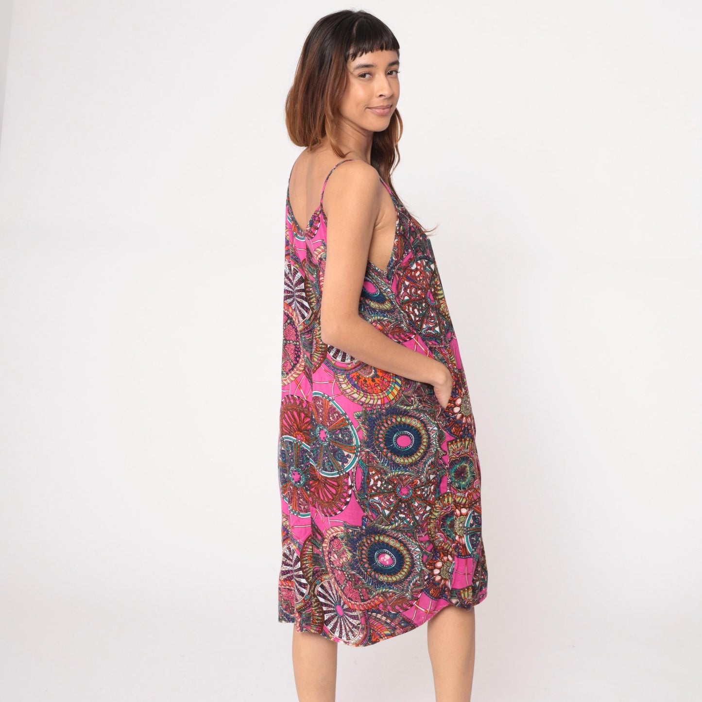 Y2K Psychedelic Mandala Slip Dress Pink Purple Spaghetti Strap Large L